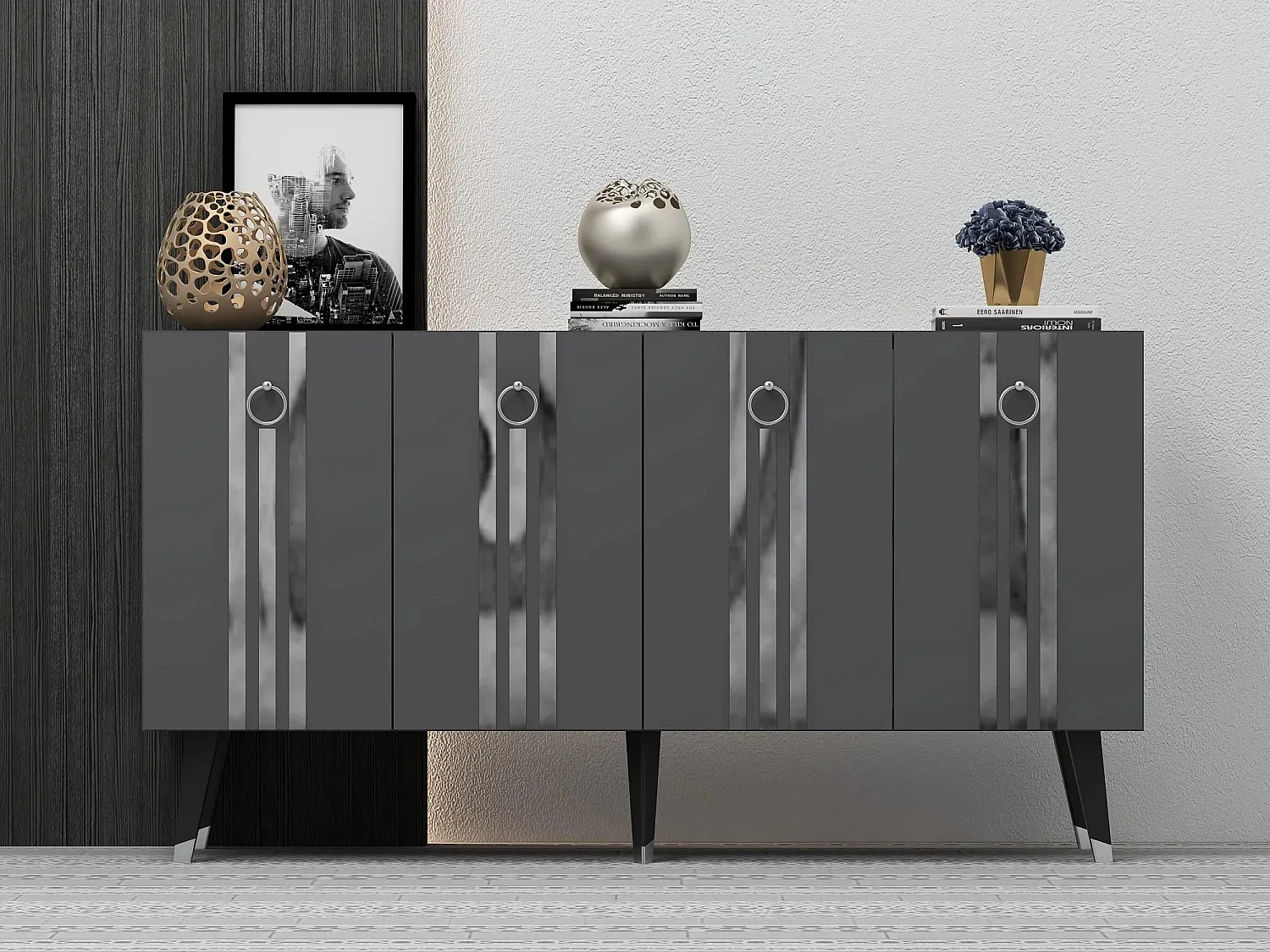 Buffet Gody L150xH80cm Anthracite et Effet miroir Argent