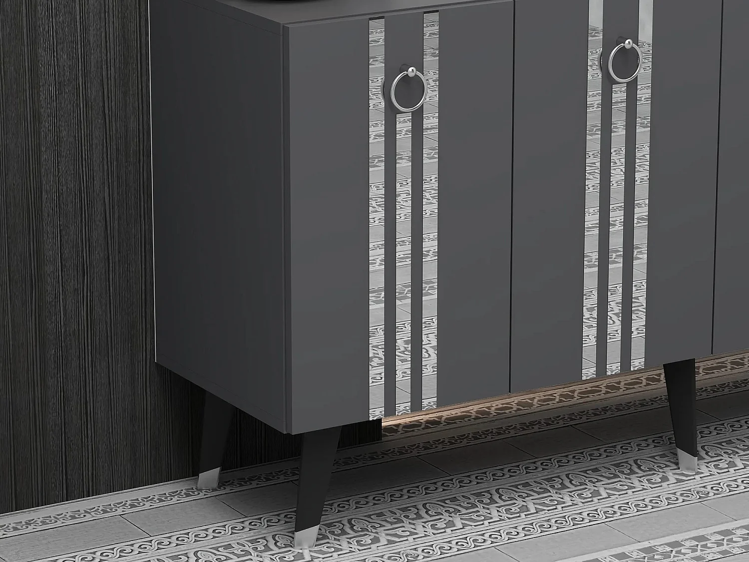 Buffet Gody L150xH80cm Anthracite et Effet miroir Argent