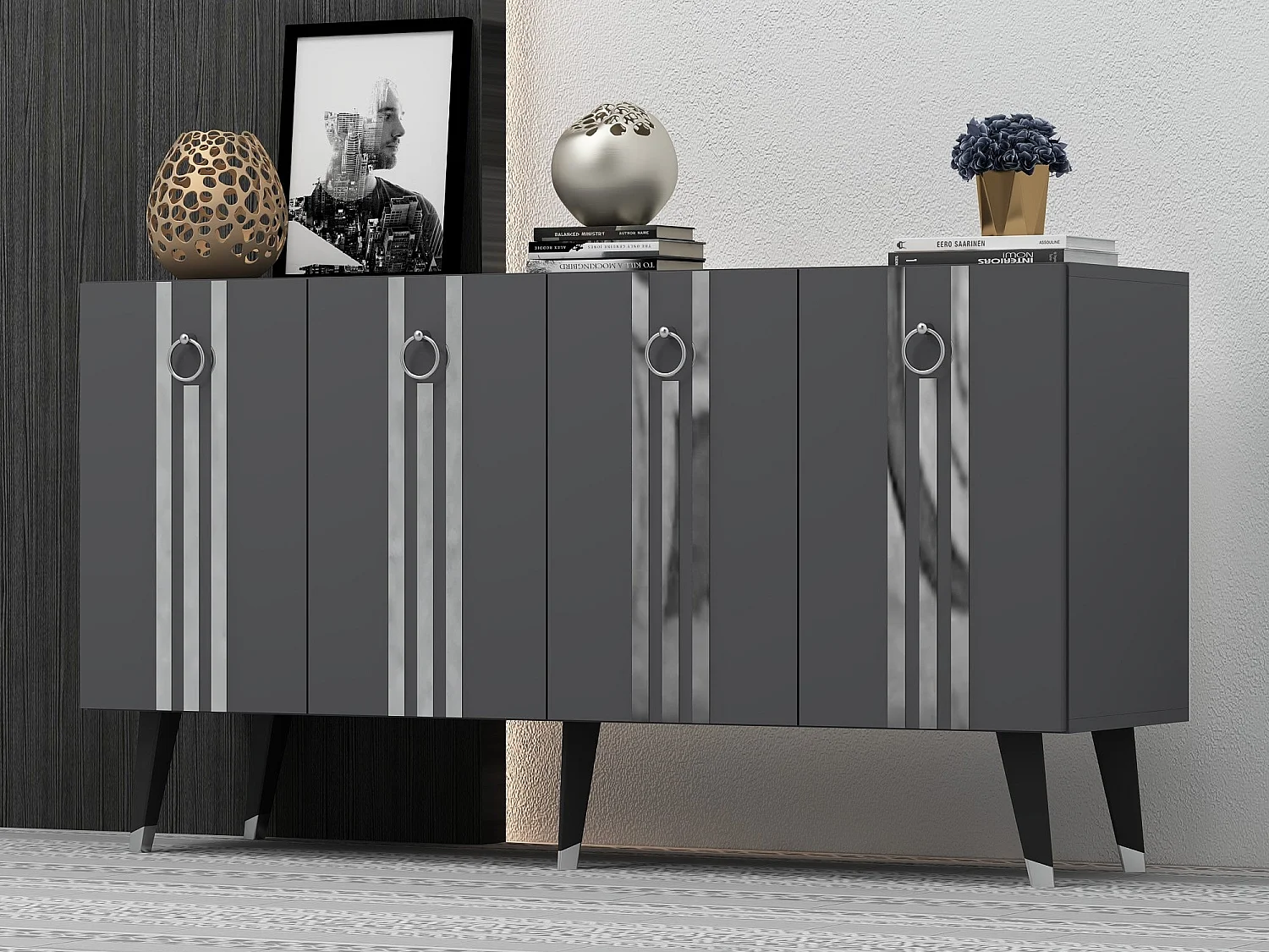 Buffet Gody L150xH80cm Anthracite et Effet miroir Argent