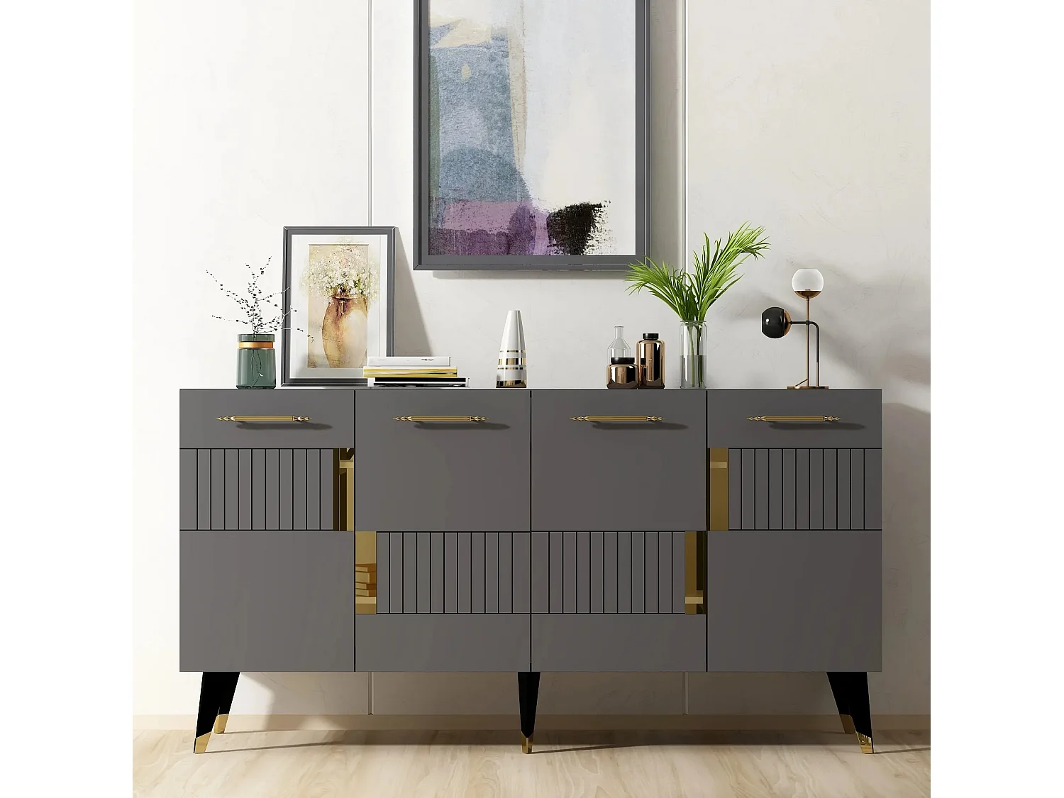 Aparador – 150cm de largura, 79cm de altura, 40cm de profundidade – Antracite e Ouro – Aglomerado