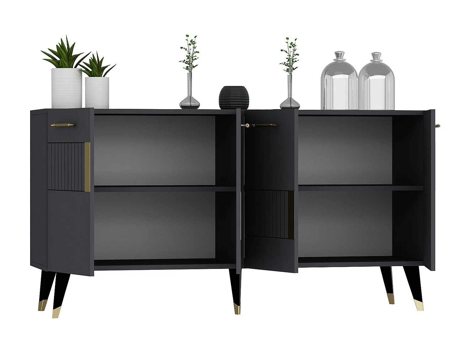 Aparador – 150cm de largura, 79cm de altura, 40cm de profundidade – Antracite e Ouro – Aglomerado