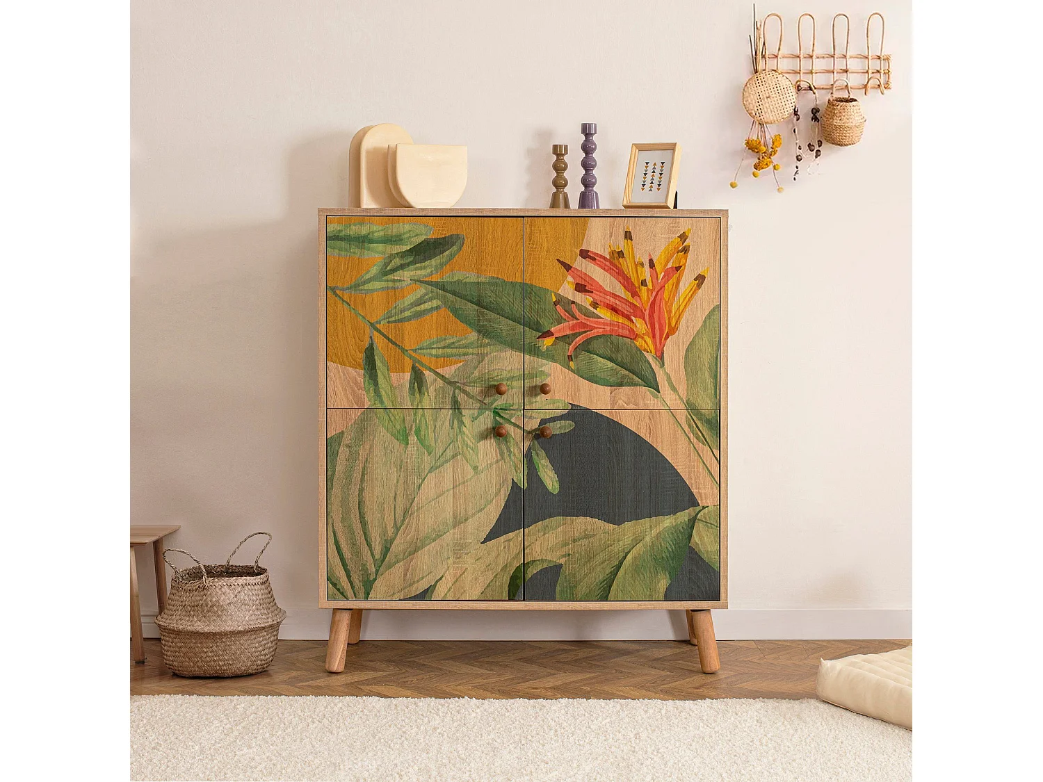 Commode Kaviny L95xH111cm Bois Motif Feuilles et fleurs