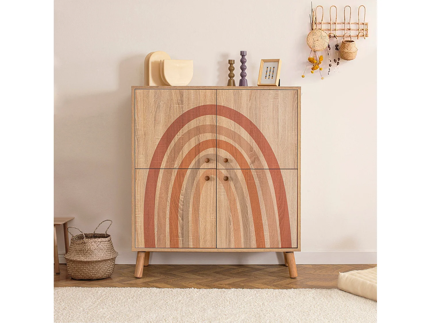 Buffet Kaviny L95xH111cm Bois Motif Arcs nuance du Marron