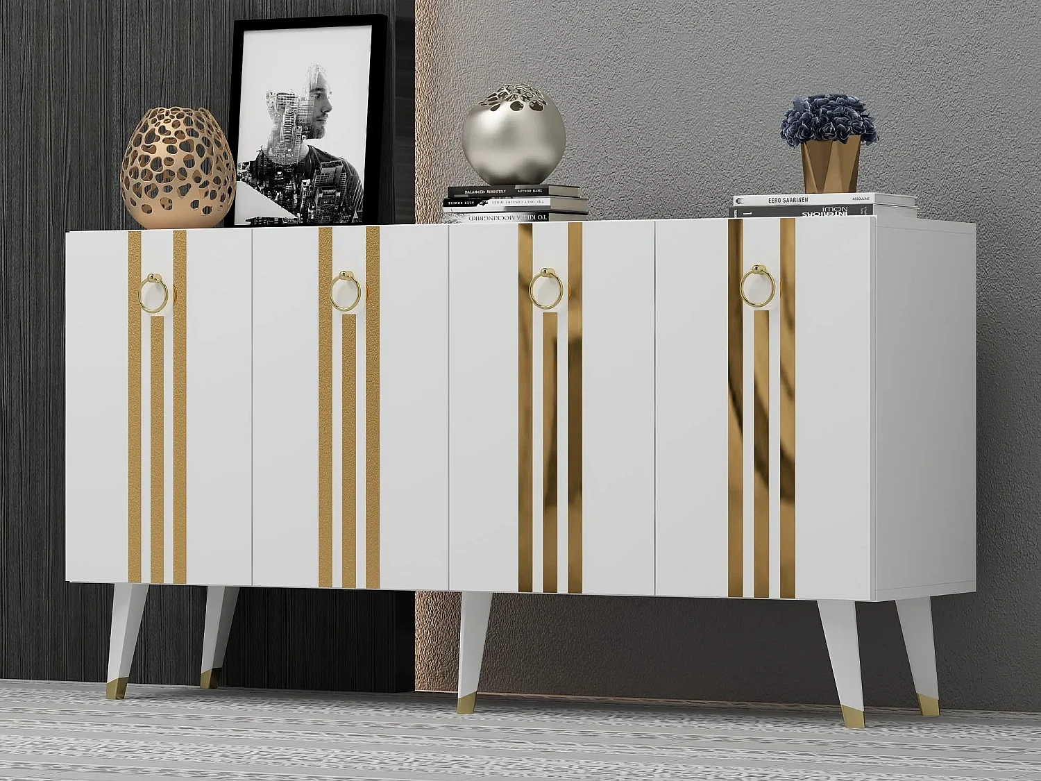 Buffet Gody L150xH80cm Blanc et Effet miroir Or