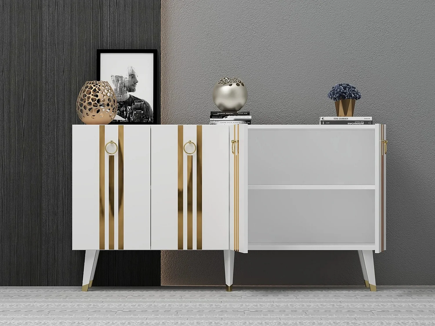 Buffet Gody L150xH80cm Blanc et Effet miroir Or