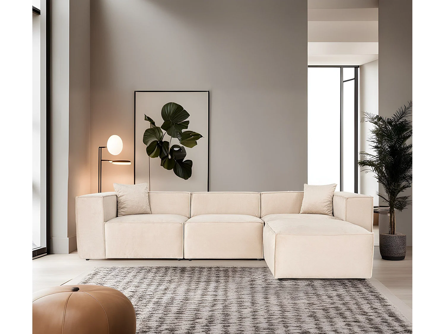 Canapé 3 places avec pouf et 2 coussins Siges Velours Blanc crème
