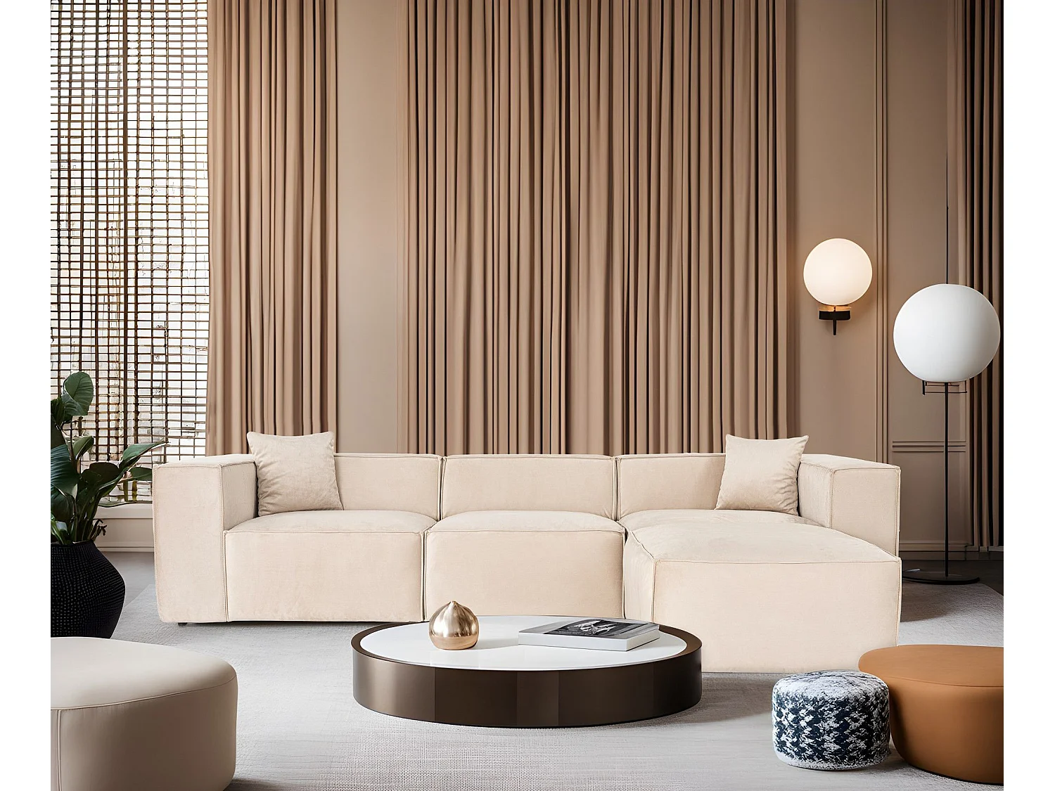 Canapé 3 places avec pouf et 2 coussins Siges Velours Blanc crème