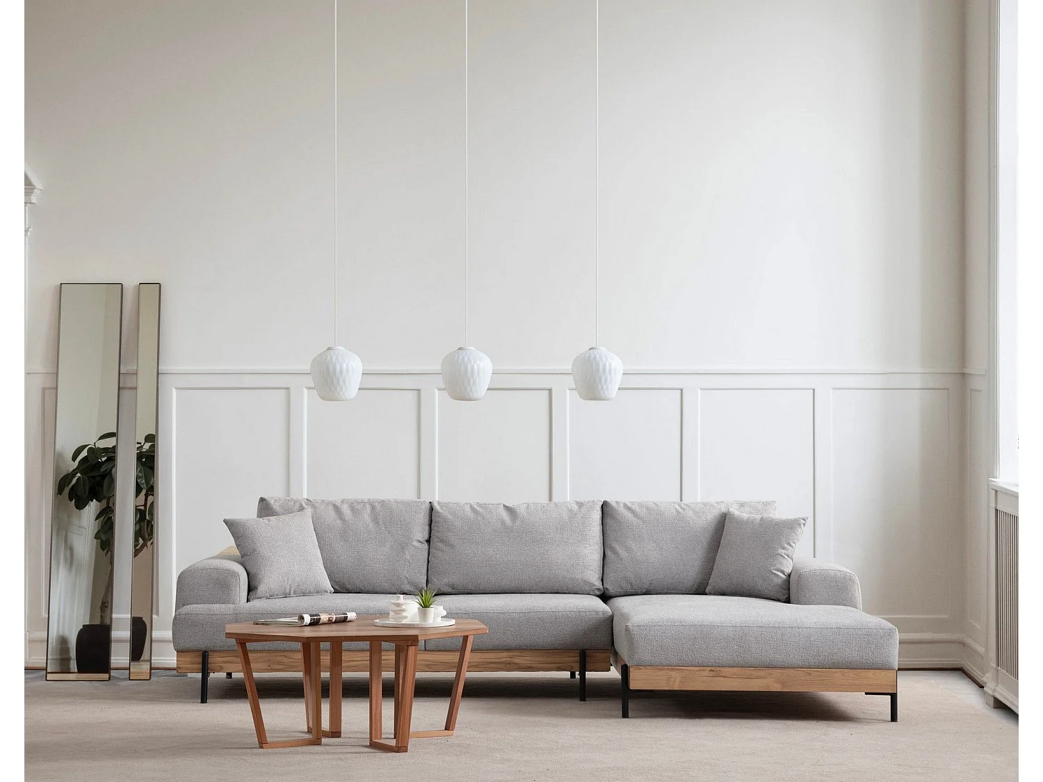 Canapé d'angle à droite kamily Bois clair et Tissu bouclette Gris