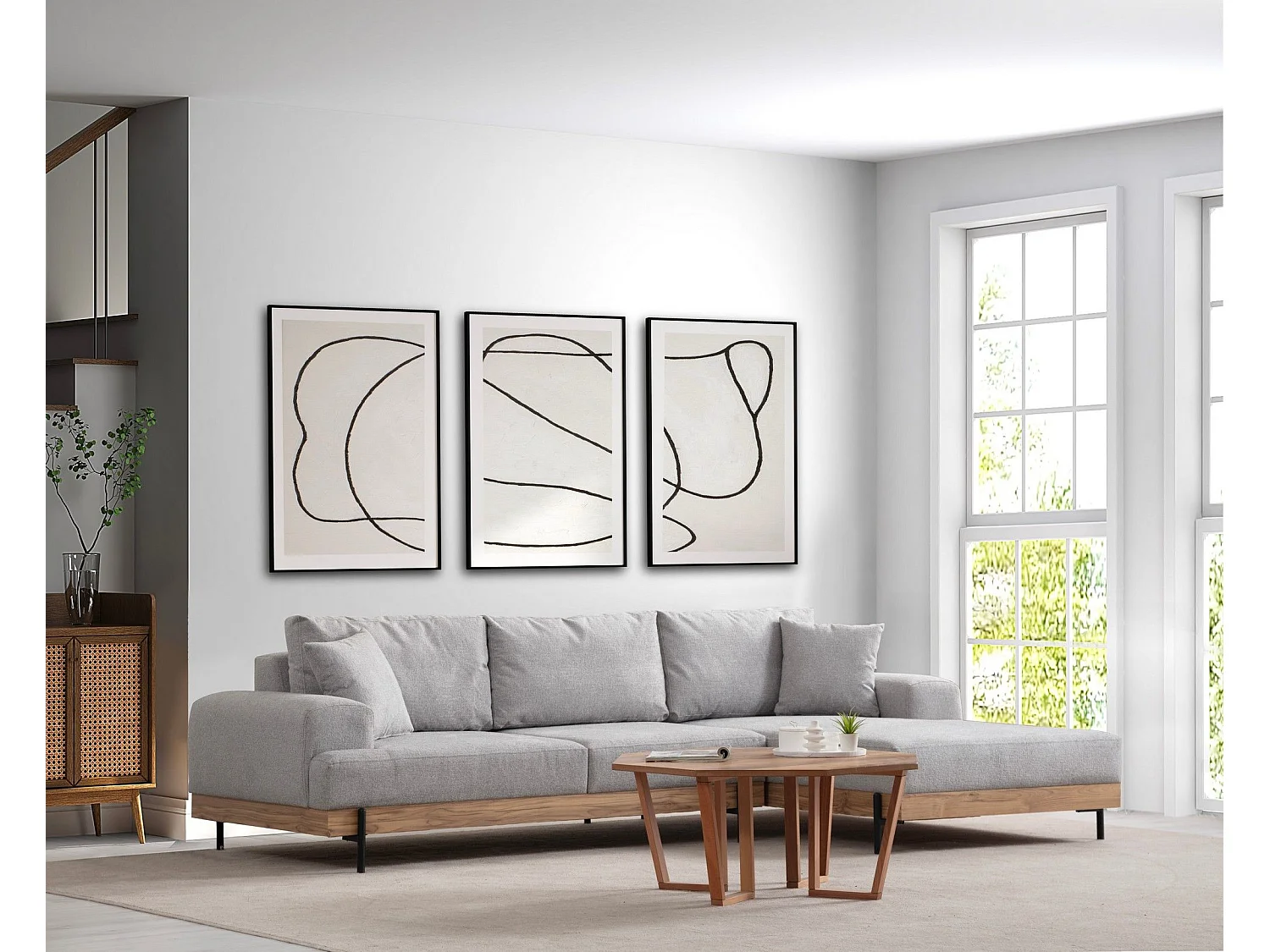 Canapé d'angle à droite kamily Bois clair et Tissu bouclette Gris