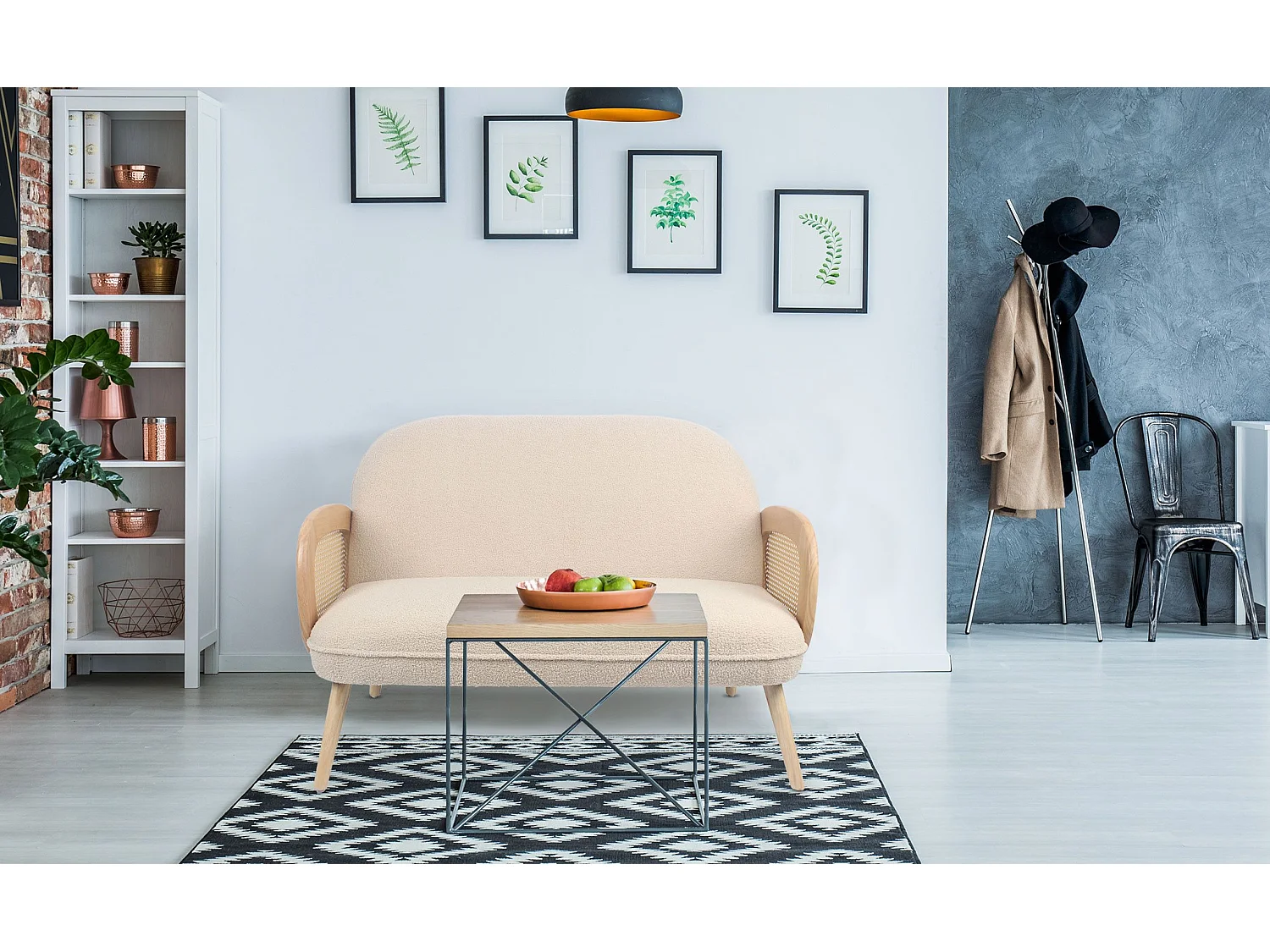 2-Sitzer Sofa Bouclette Bohème Rondou Cannage Beige 126cm