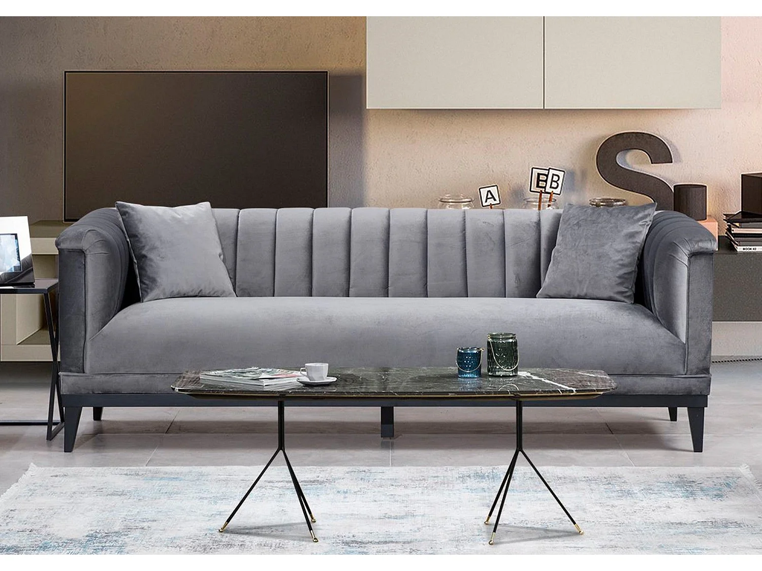 Sofá Altadena 399, Gris, 225x89x79cm, Tapiz, Patas: Madera