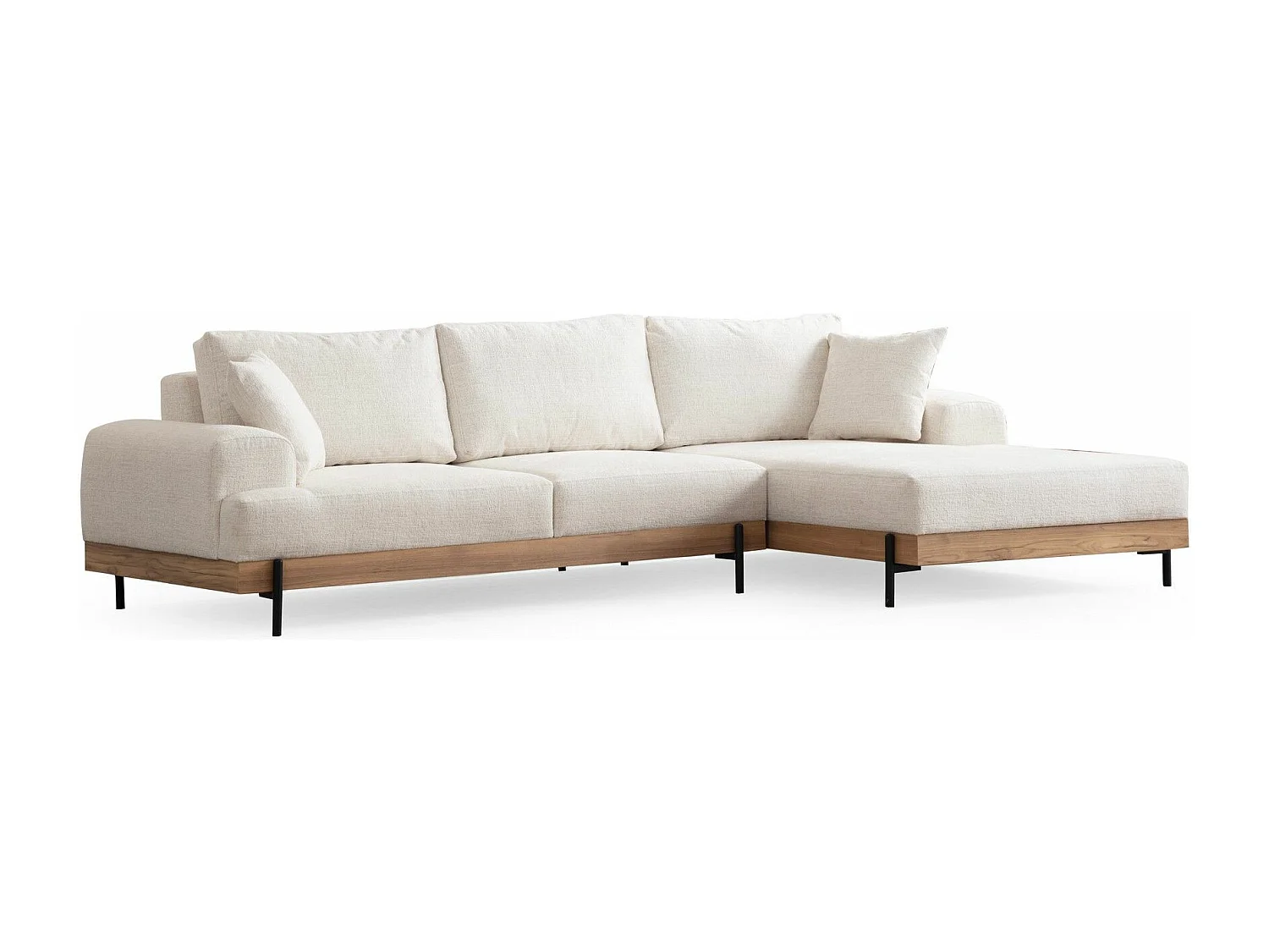 Canapé d'angle à droite kamily Bois clair et Tissu bouclette Blanc