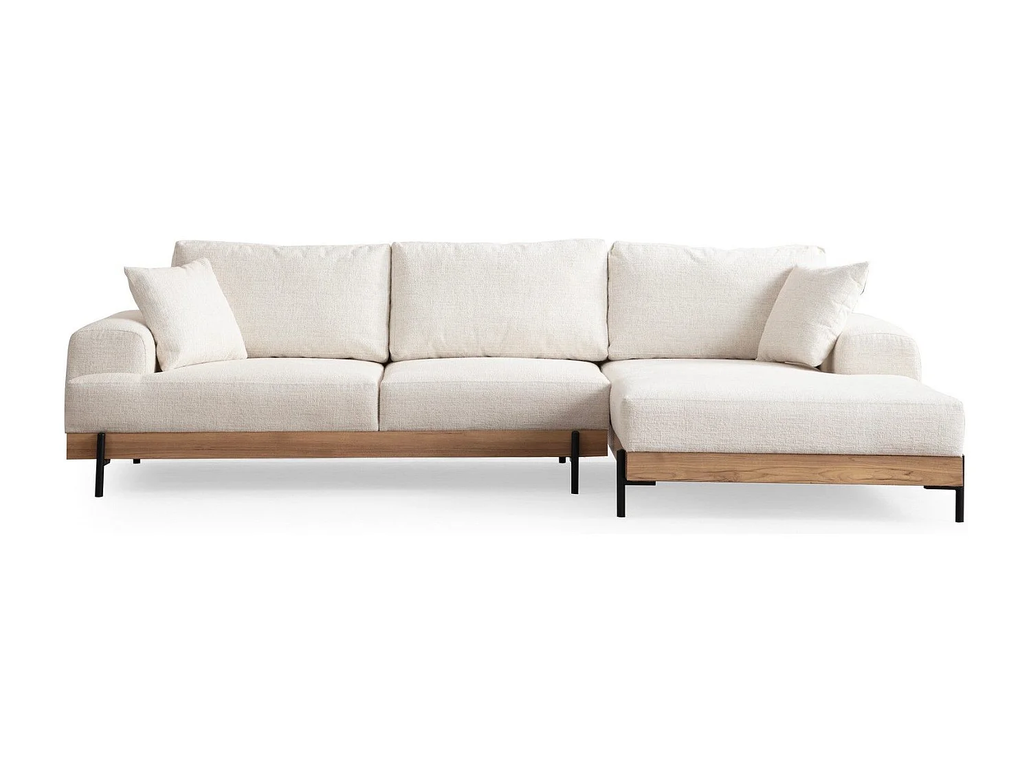 Canapé d'angle à droite kamily Bois clair et Tissu bouclette Blanc