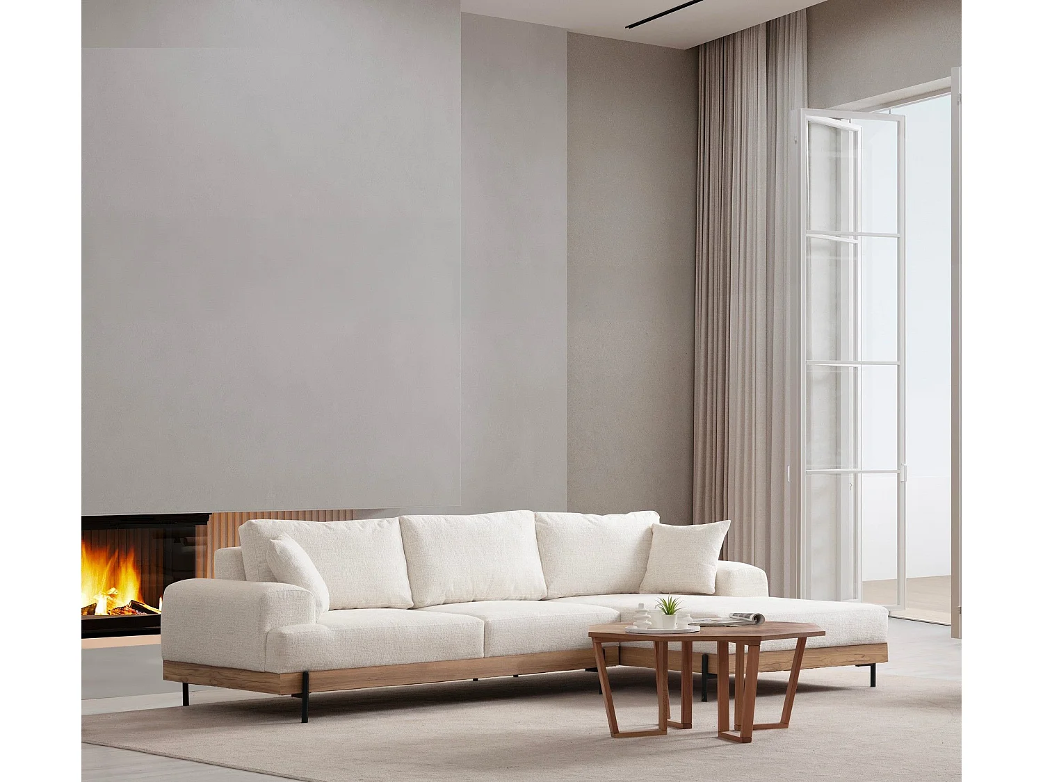 Canapé d'angle à droite kamily Bois clair et Tissu bouclette Blanc