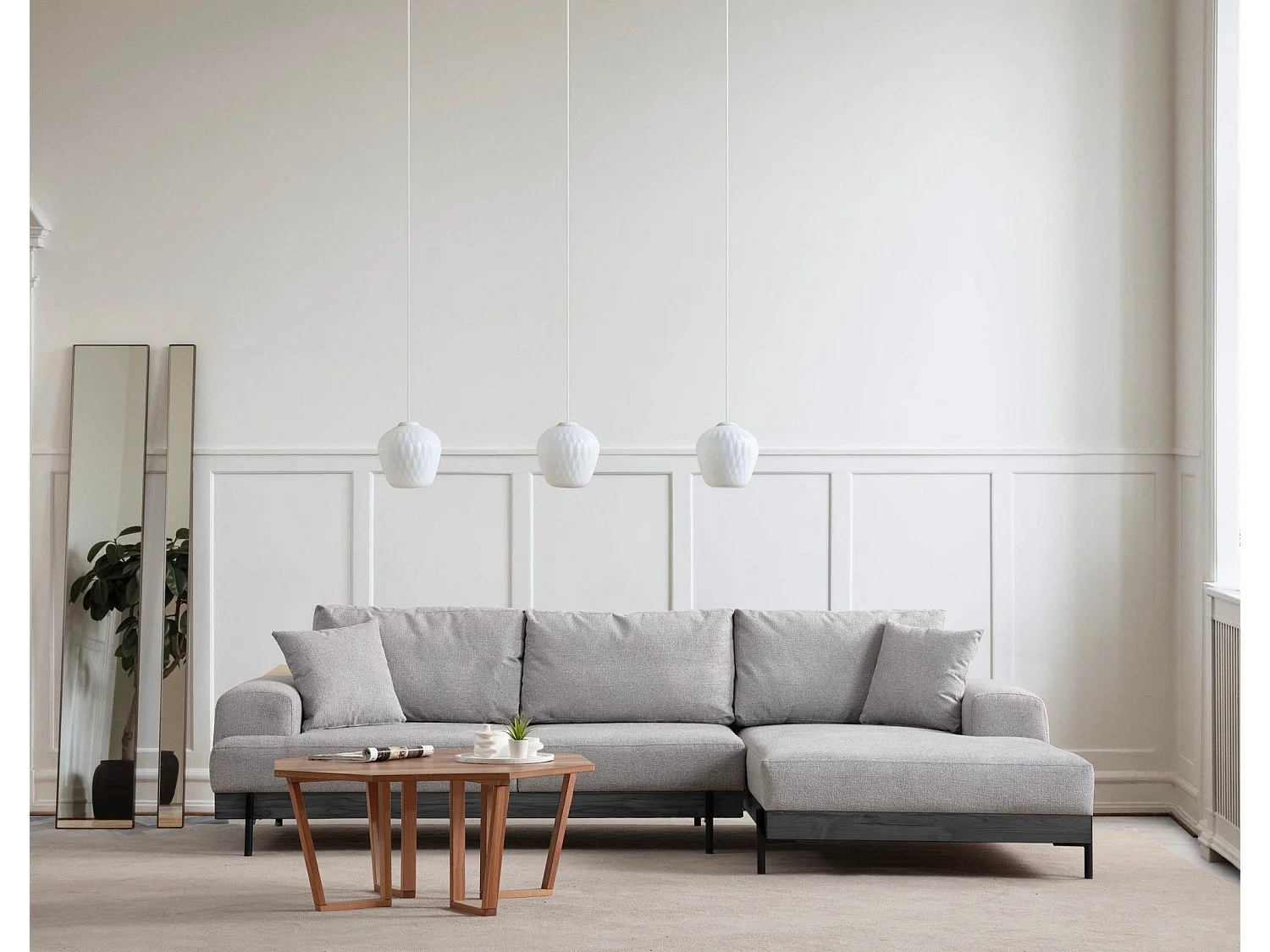 Canapé d'angle à droite kamily Bois Noir et Tissu bouclette Gris