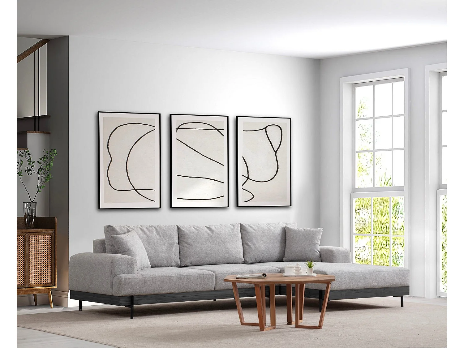 Canapé d'angle à droite kamily Bois Noir et Tissu bouclette Gris