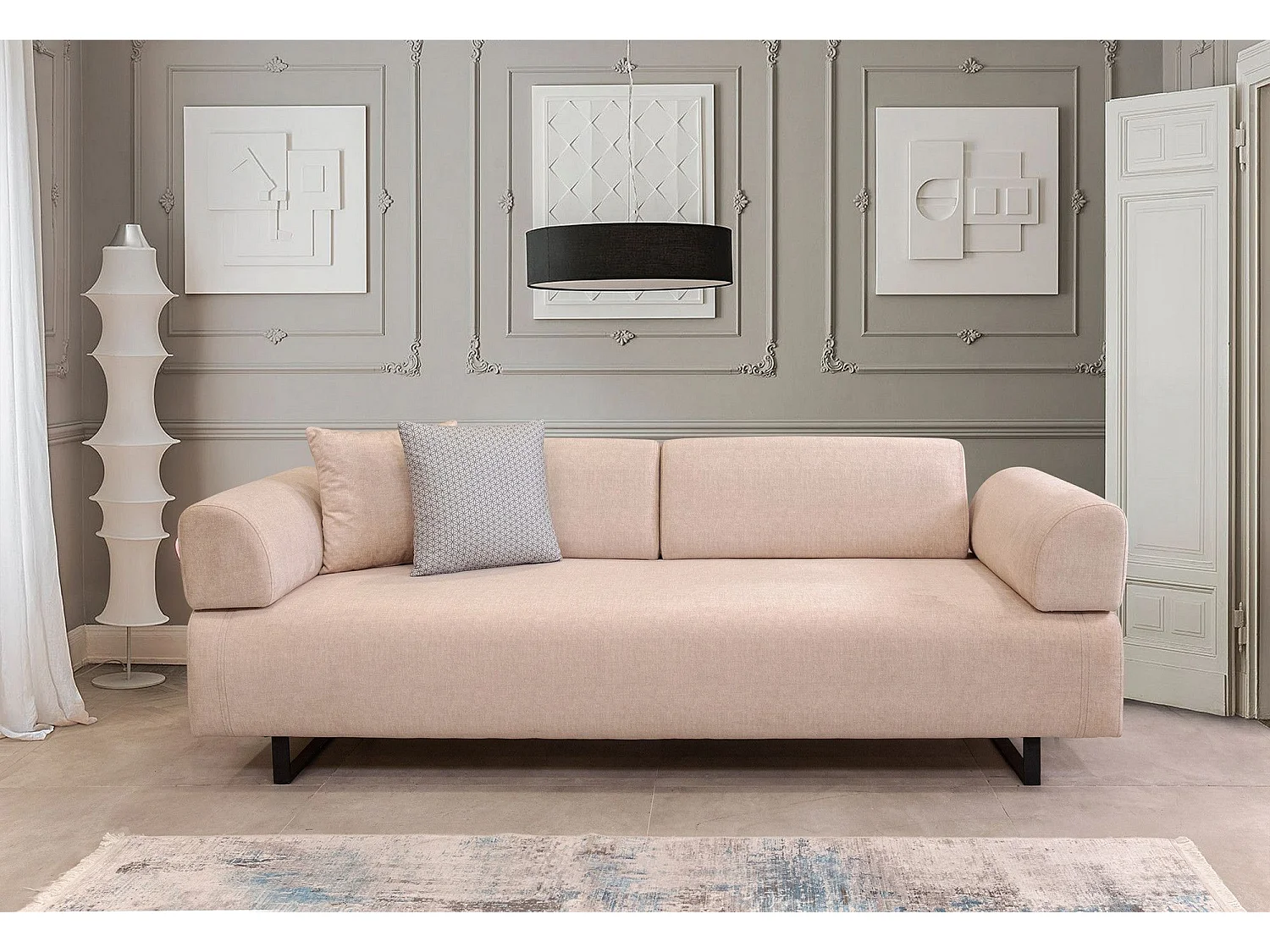 Canapé 3 places modulable dossier et accoudoirs amovible avec 2 coussins Agista Tissu Beige