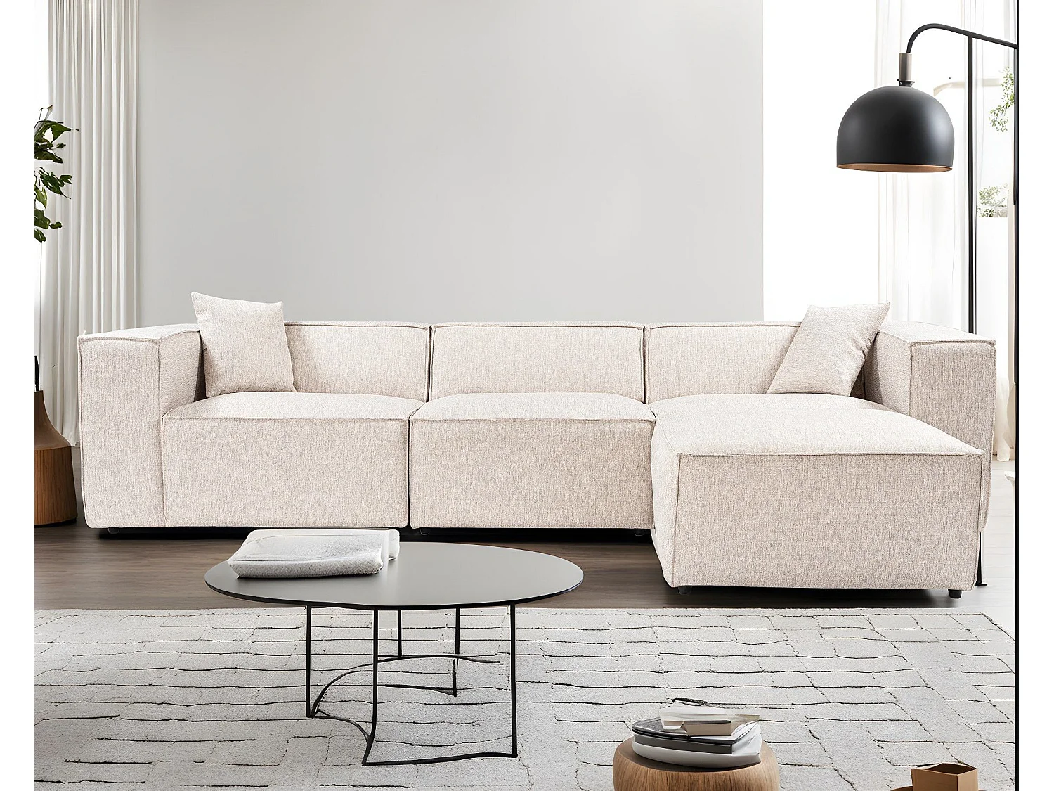 Canapé 3 places avec pouf et 2 coussins Siges Tissu toile Beige foncé