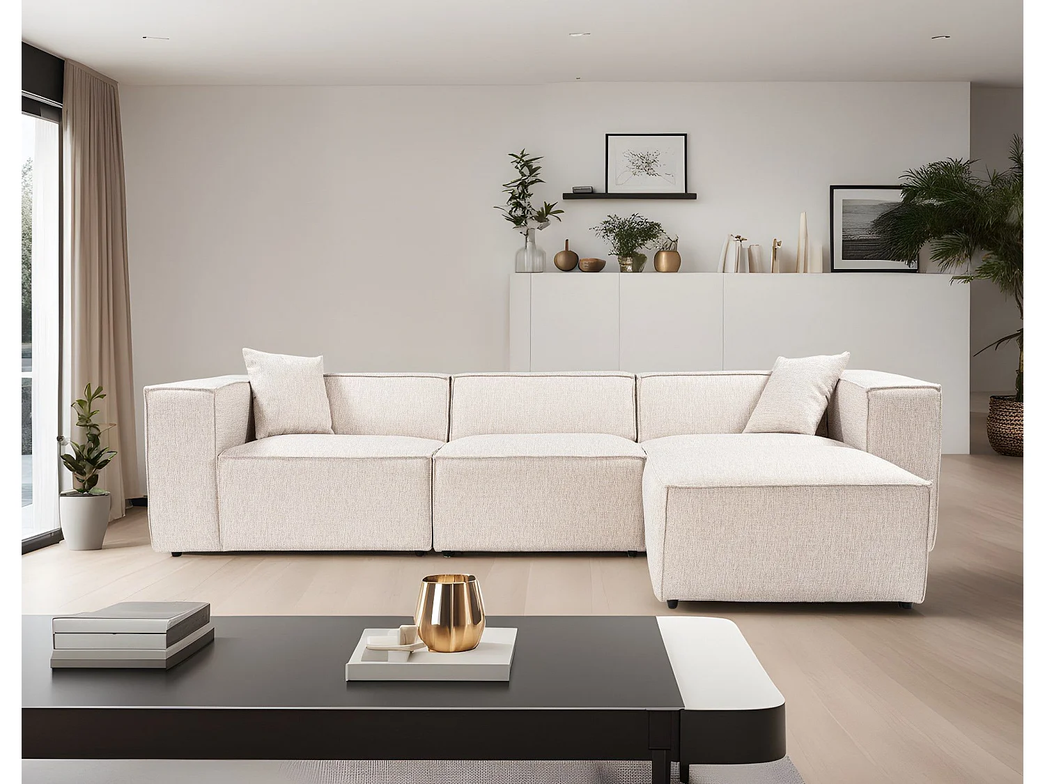 Canapé 3 places avec pouf et 2 coussins Siges Tissu toile Beige foncé