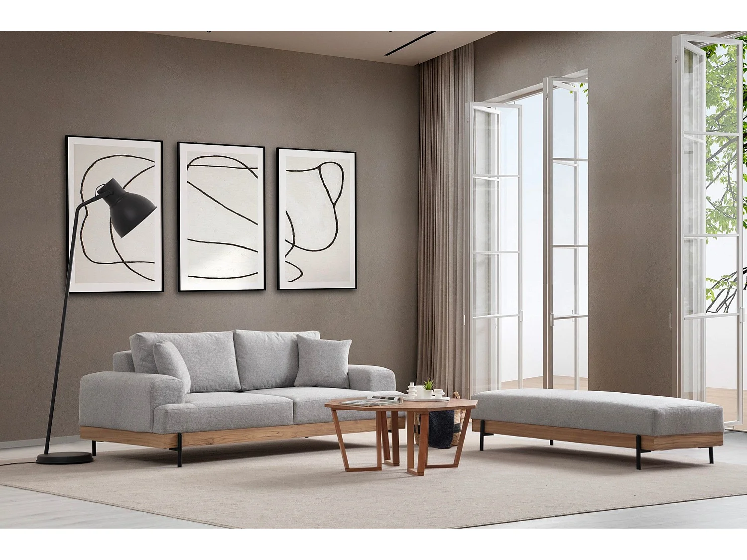 Canapé 2 places kamily Bois clair et Tissu bouclette Blanc