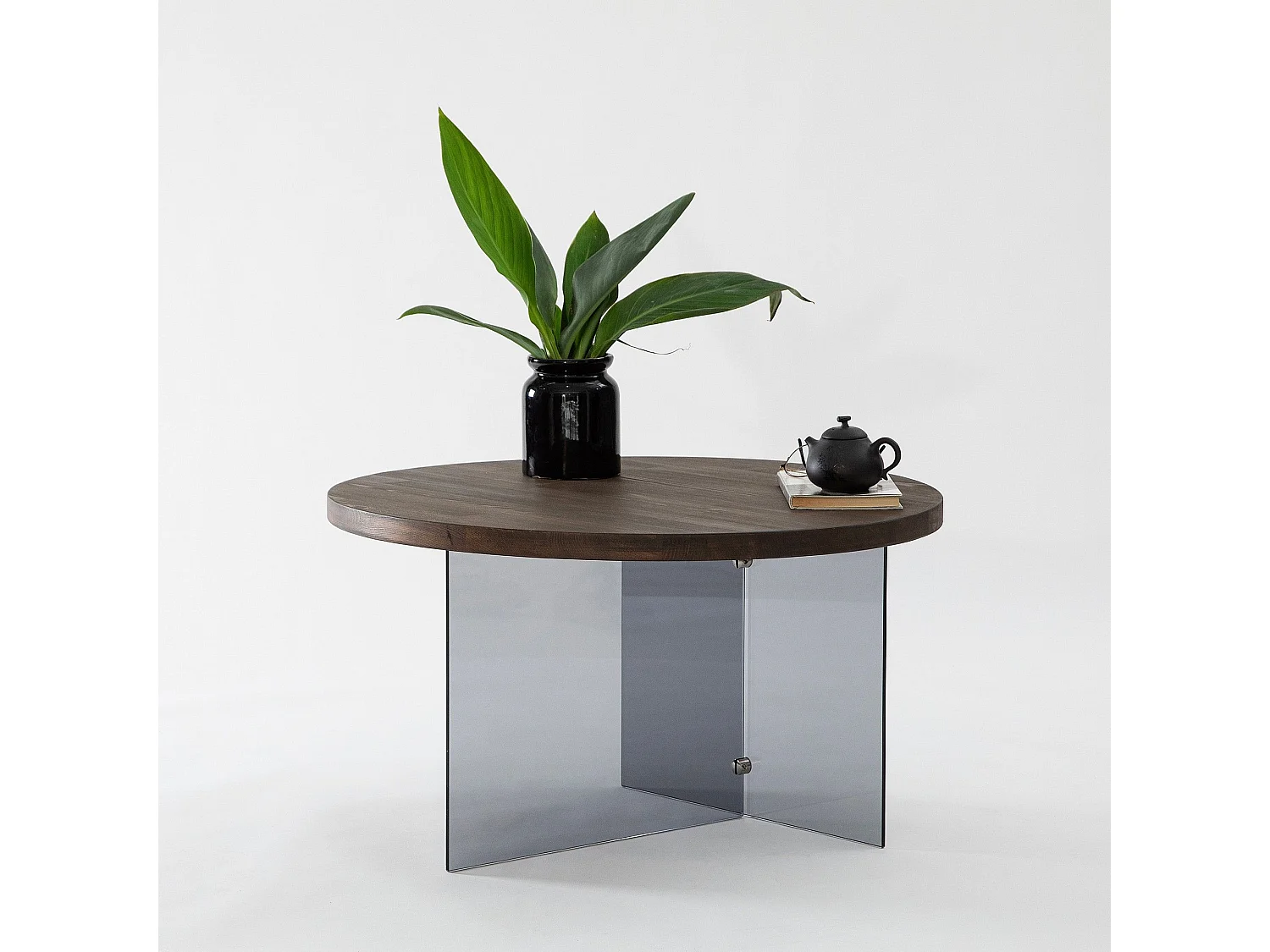 Table basse ronde Saky D70cm Bois foncé et Verre fumée Gris foncé