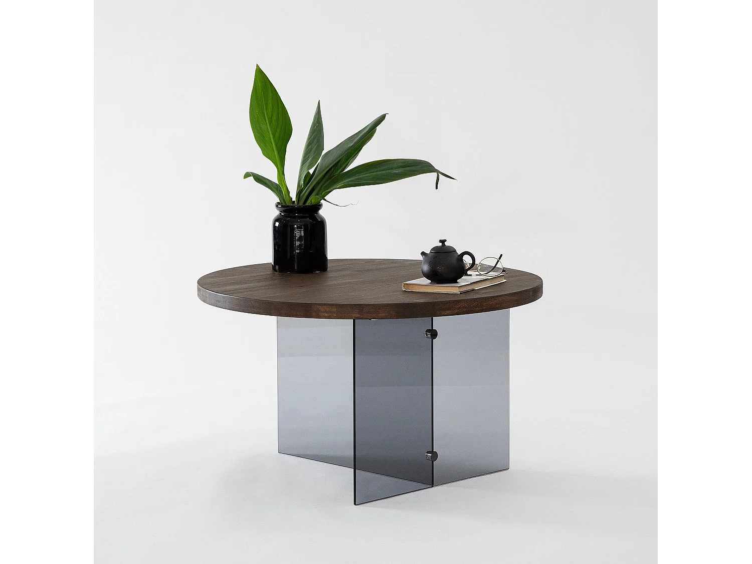 Table basse ronde Saky D70cm Bois foncé et Verre fumée Gris foncé