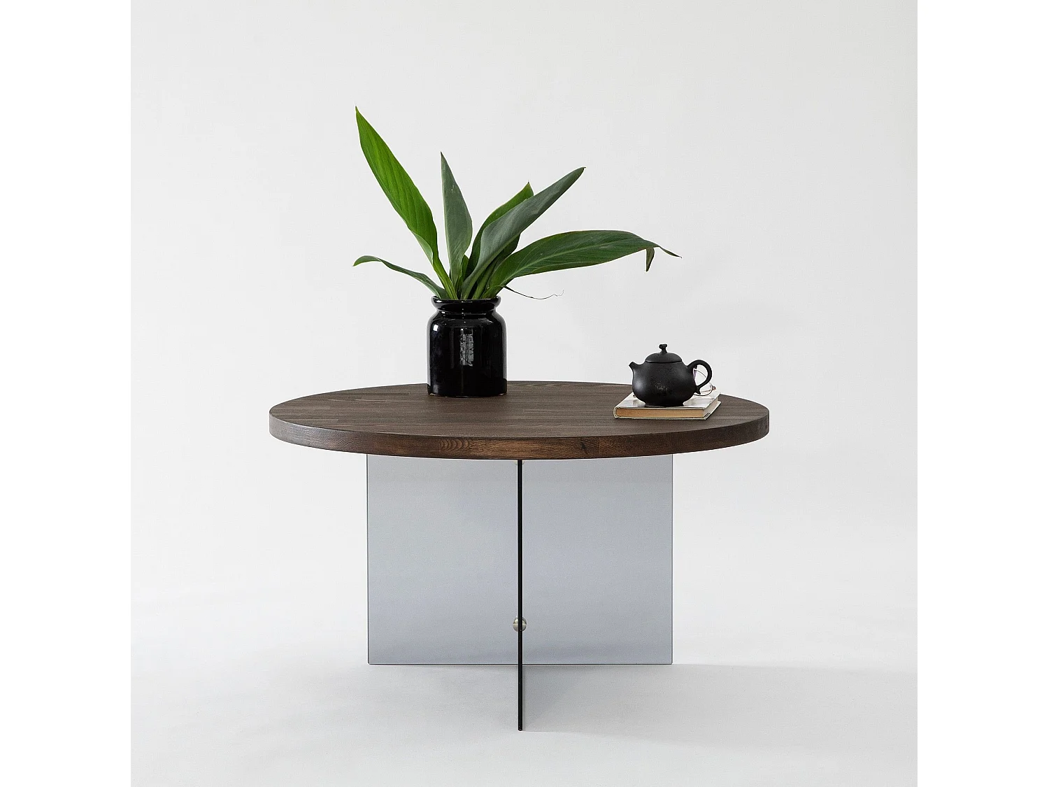 Table basse ronde Saky D70cm Bois foncé et Verre fumée Gris foncé