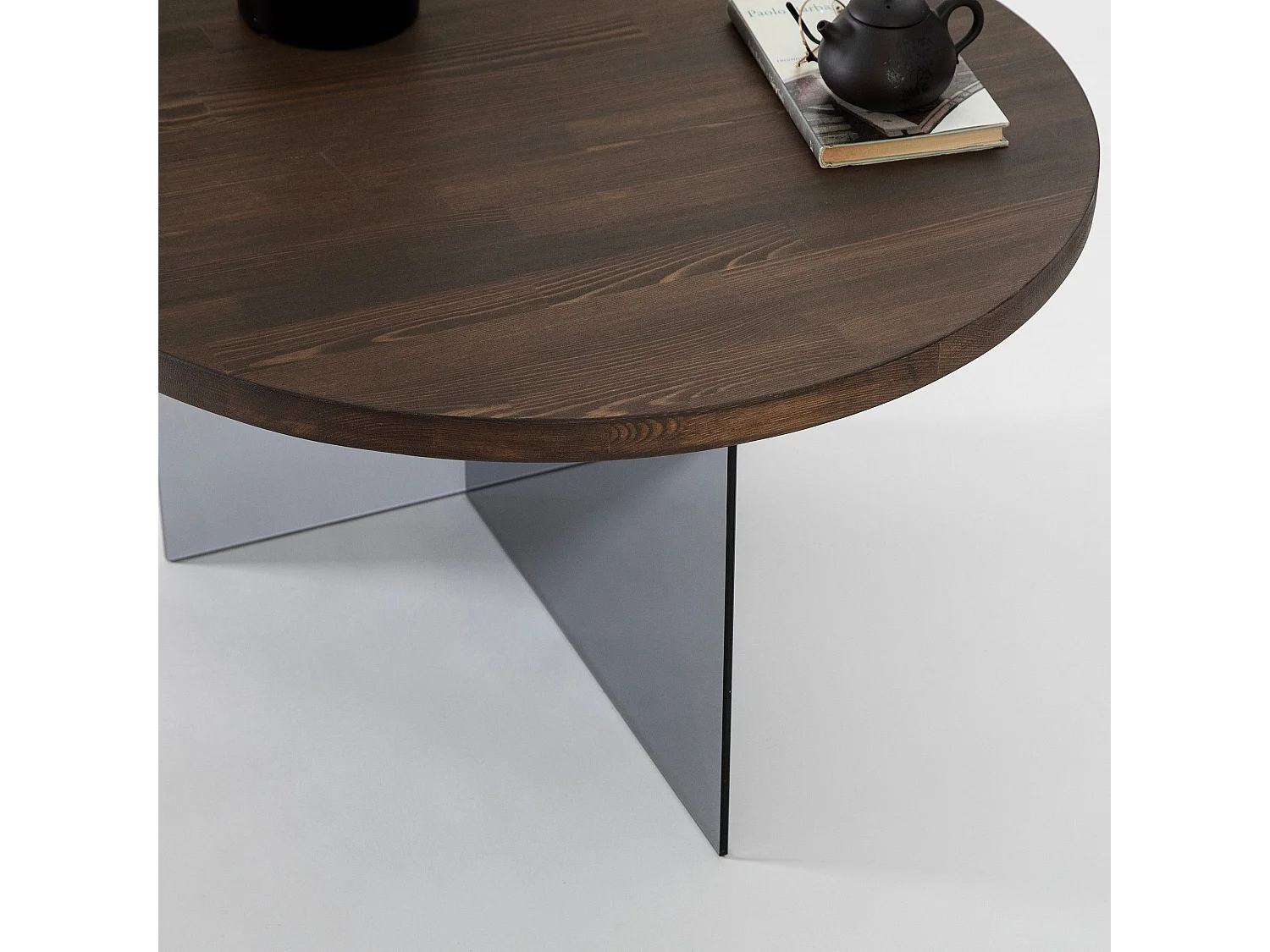 Table basse ronde Saky D70cm Bois foncé et Verre fumée Gris foncé