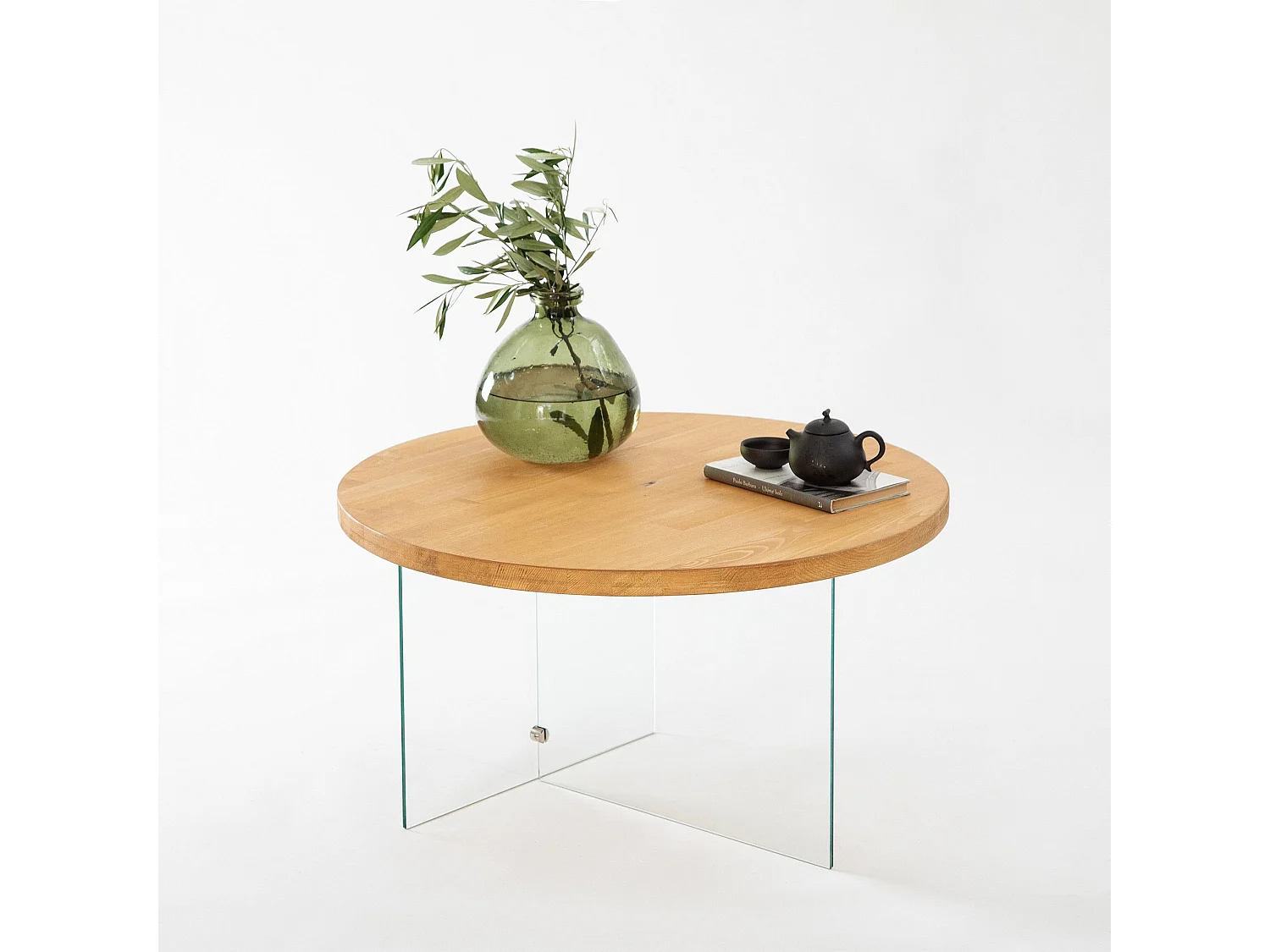 Table basse ronde Saky D70cm Bois Chêne clair et Verre Transparent