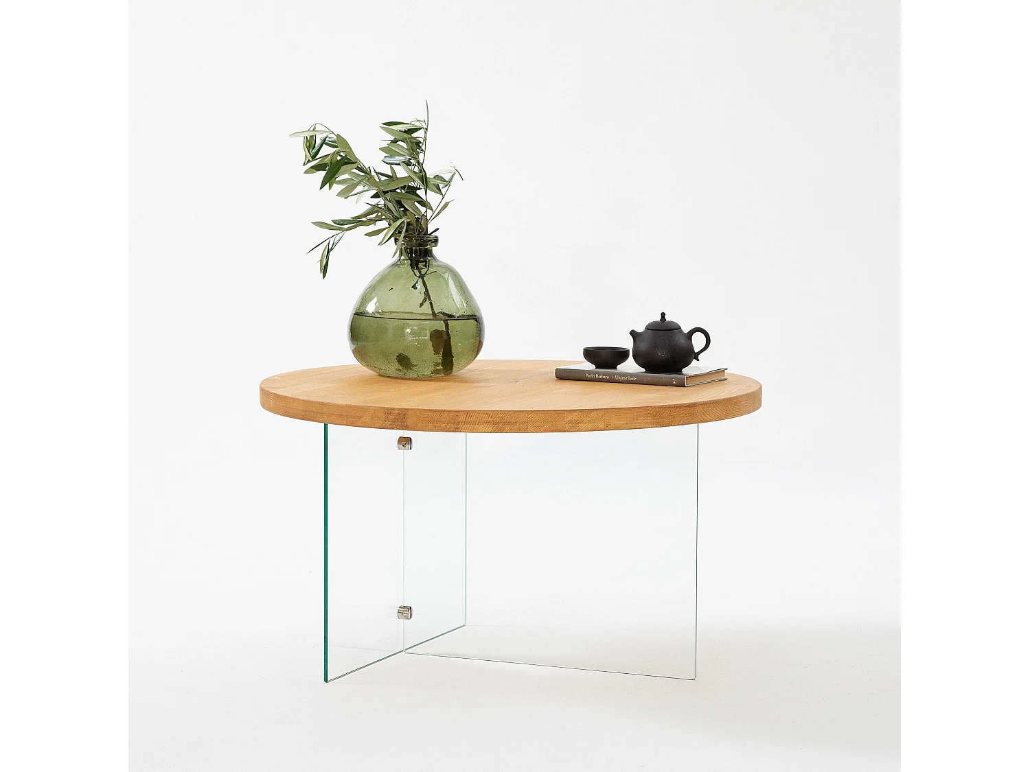 Table basse ronde Saky D70cm Bois Chêne clair et Verre Transparent