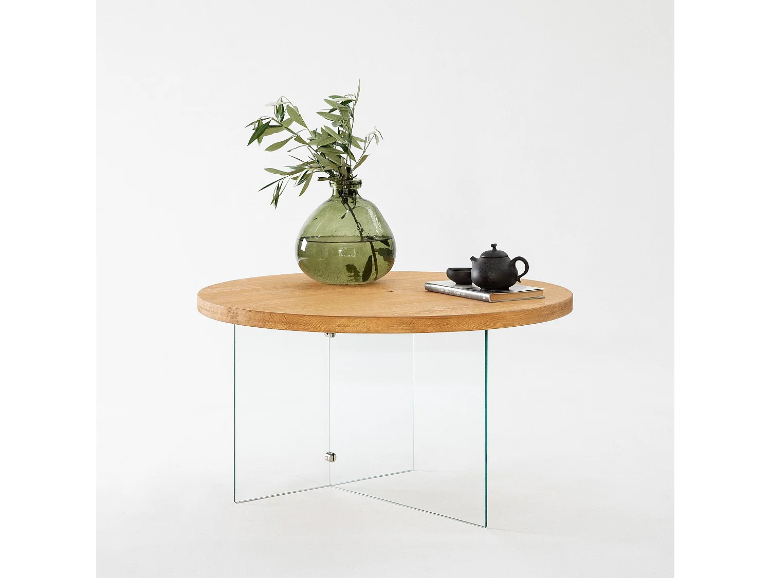 Table basse ronde Saky D70cm Bois Chêne clair et Verre Transparent