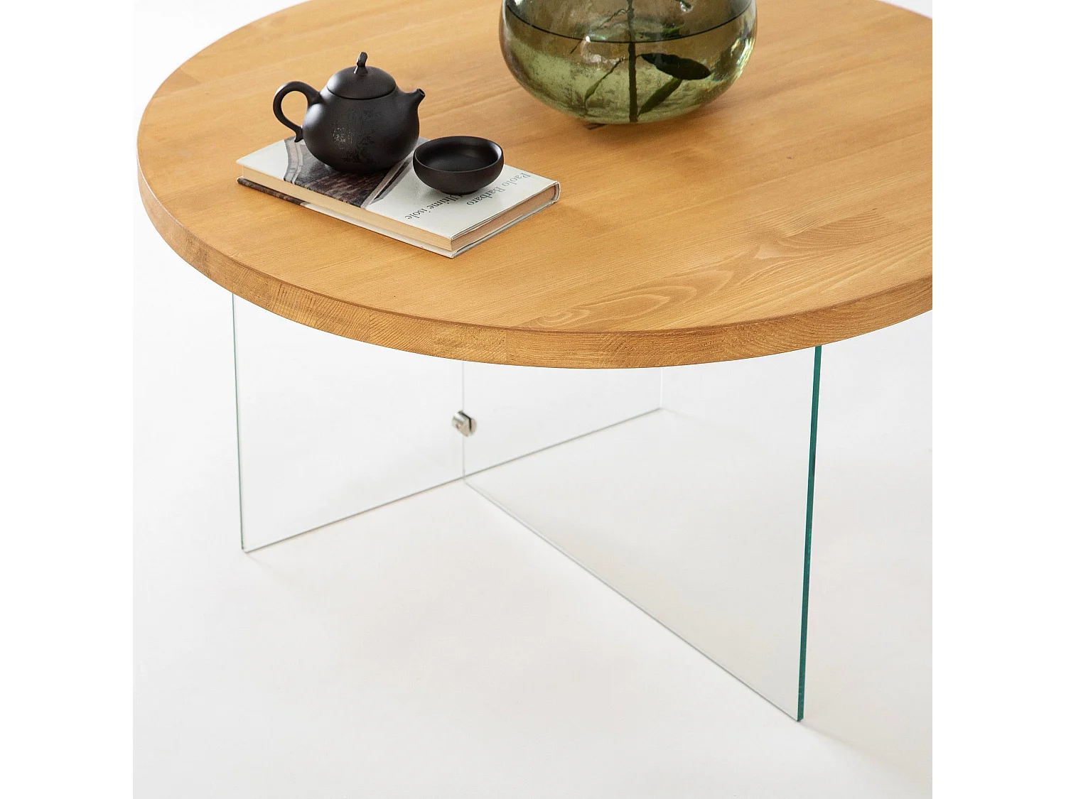 Table basse ronde Saky D70cm Bois Chêne clair et Verre Transparent