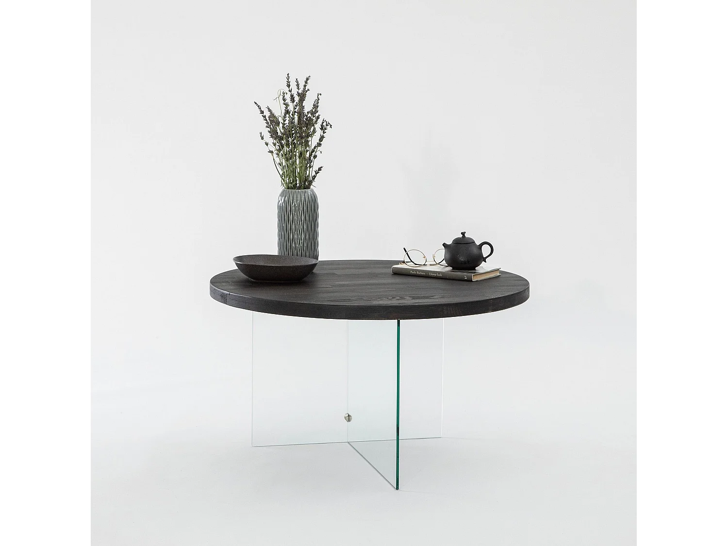 Table basse ronde Saky D70cm Bois Anthracite et Verre Transparent