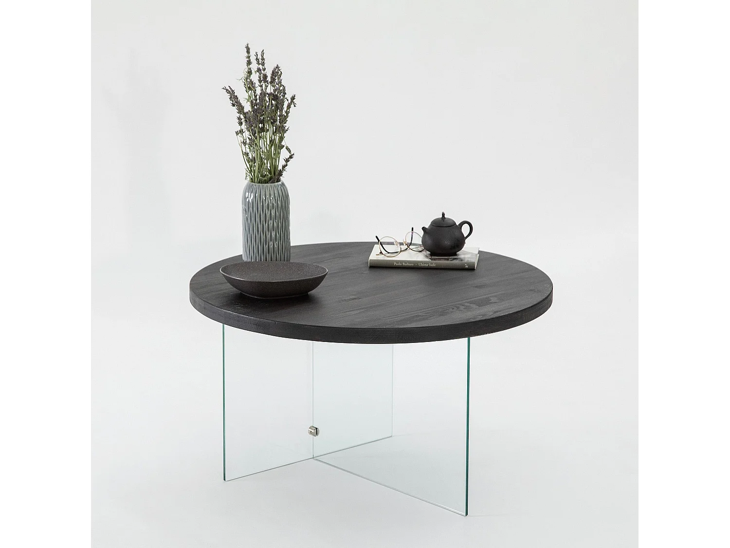 Table basse ronde Saky D70cm Bois Anthracite et Verre Transparent