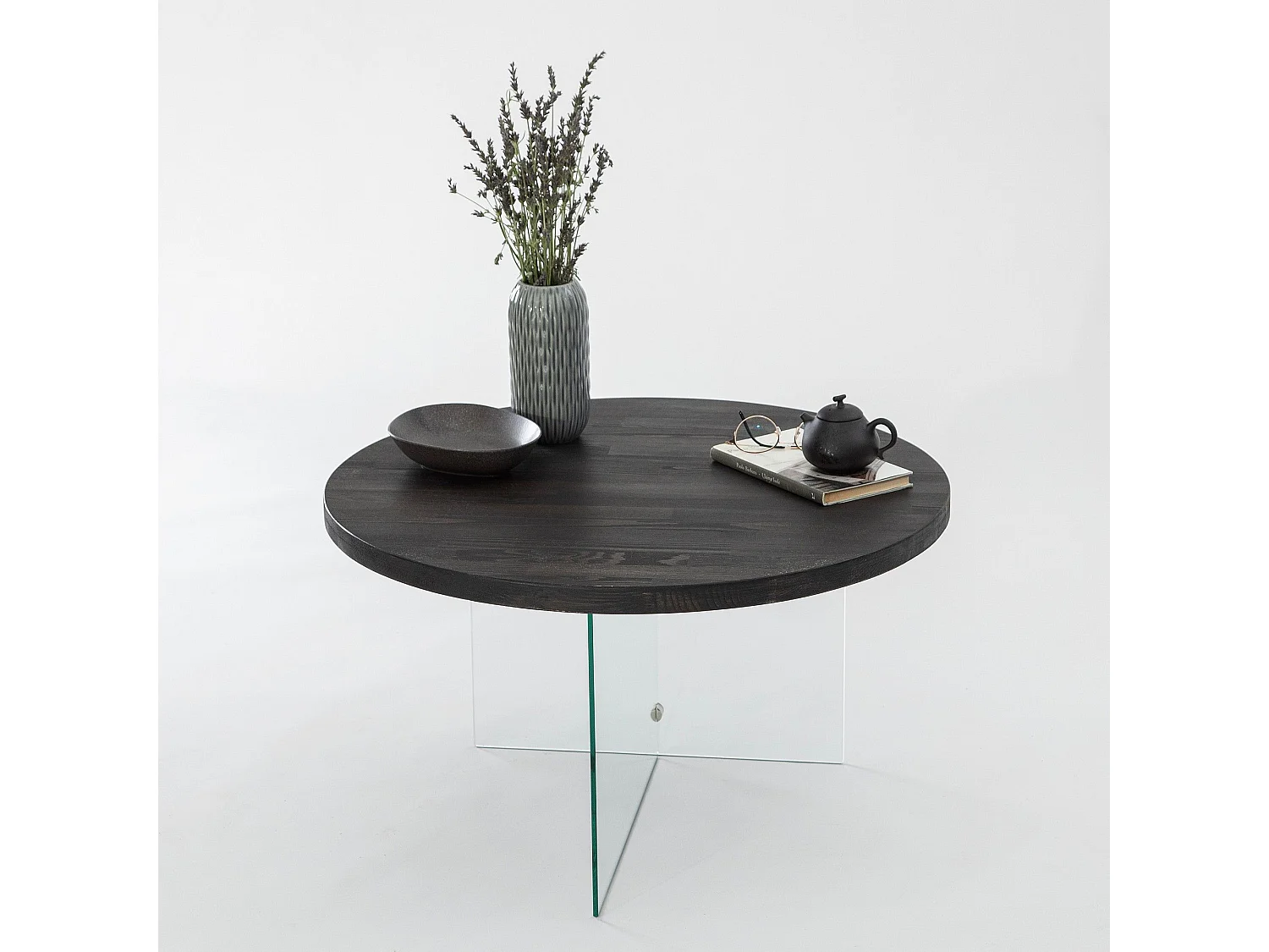 Table basse ronde Saky D70cm Bois Anthracite et Verre Transparent