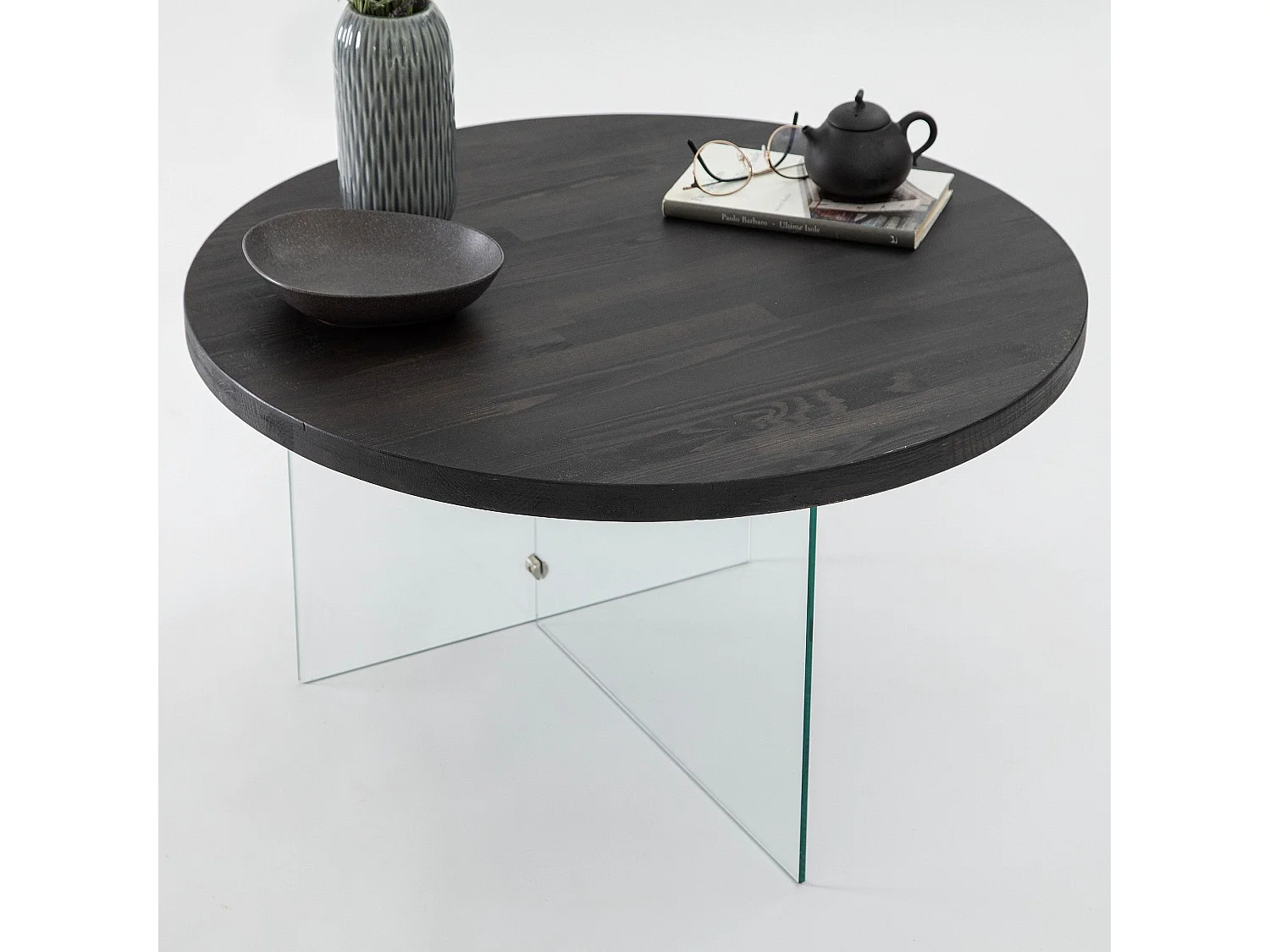 Table basse ronde Saky D70cm Bois Anthracite et Verre Transparent