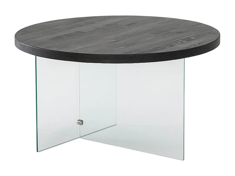 Table basse ronde Saky D70cm Bois Anthracite et Verre Transparent