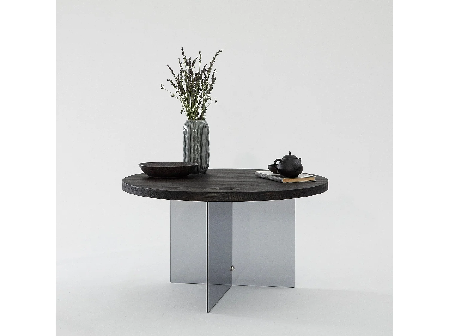 Table basse ronde Saky D70cm Bois Anthracite et Verre fumée Gris foncé