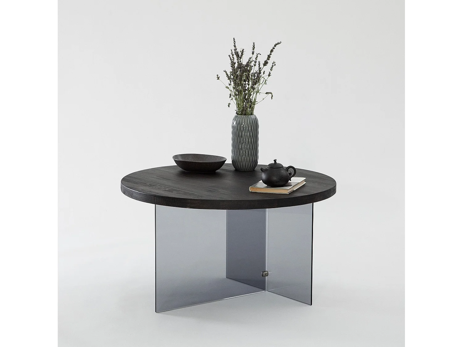 Table basse ronde Saky D70cm Bois Anthracite et Verre fumée Gris foncé