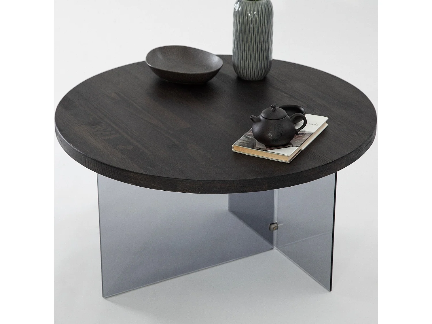 Table basse ronde Saky D70cm Bois Anthracite et Verre fumée Gris foncé