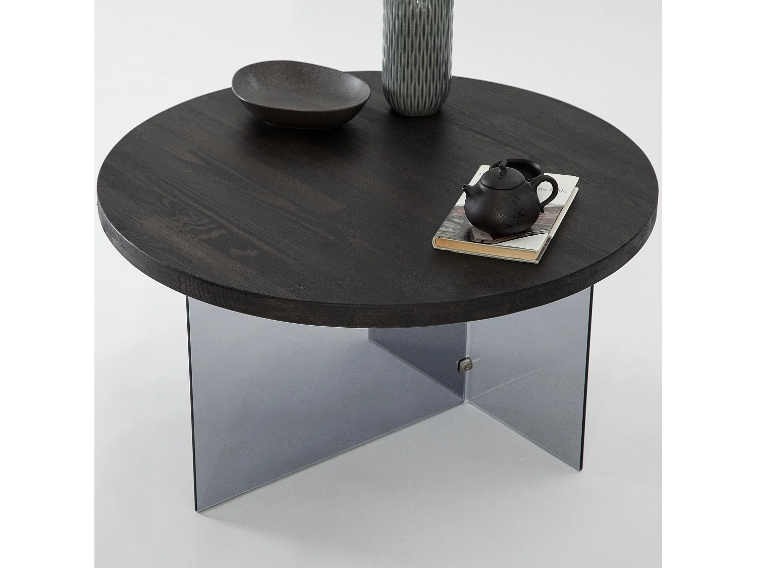 Table basse ronde Saky D70cm Bois Anthracite et Verre fumée Gris foncé