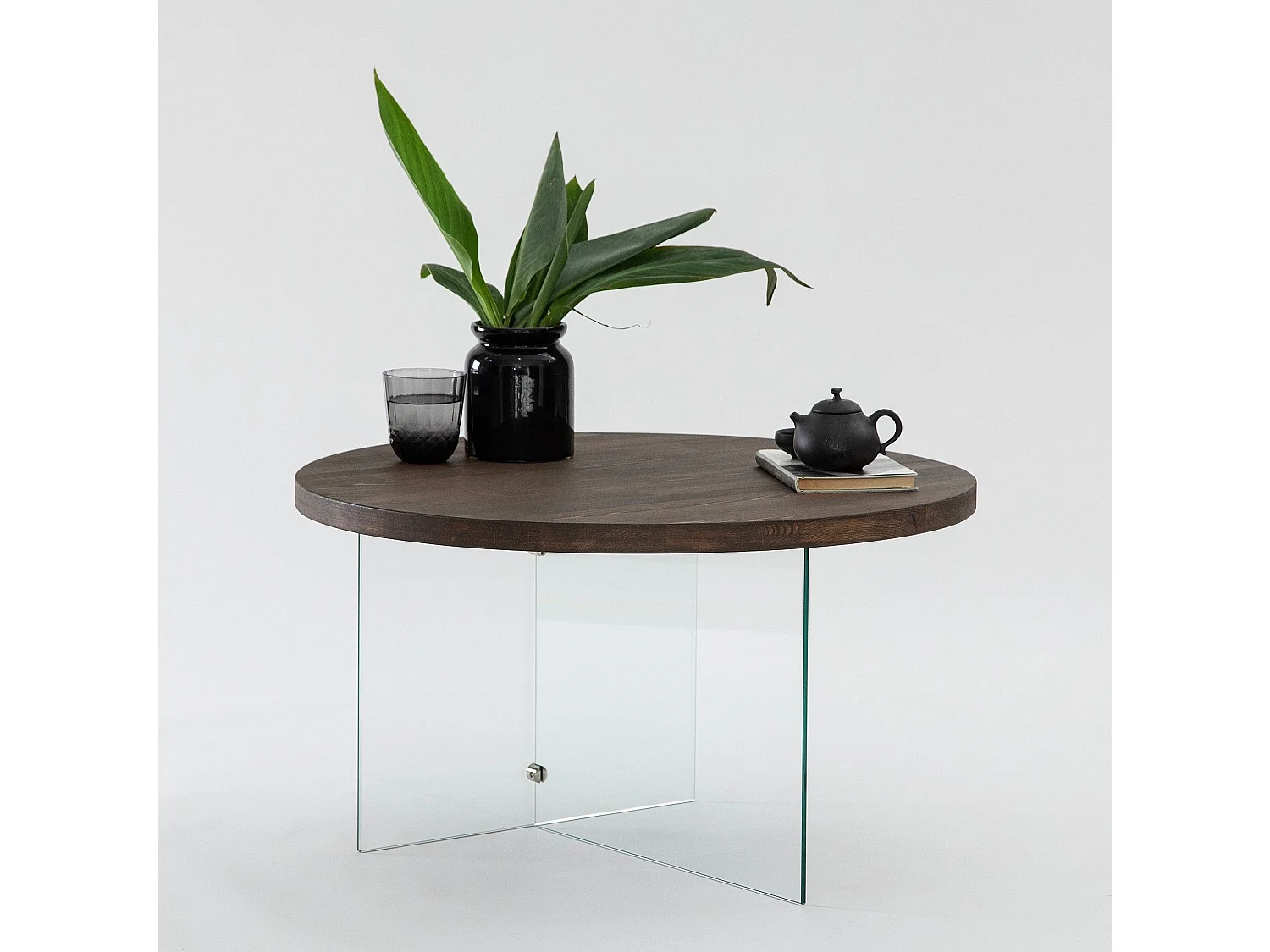 Table basse ronde Saky D70cm Bois foncé et Verre fumée Gris foncé