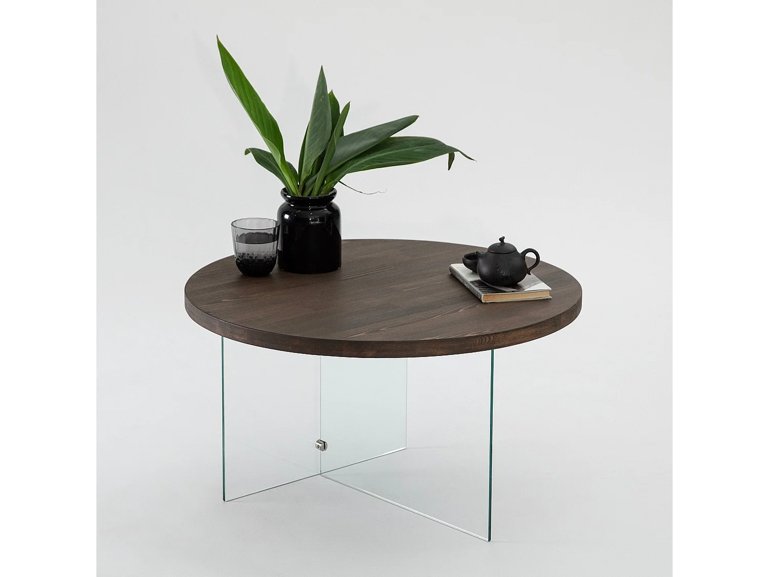 Table basse ronde Saky D70cm Bois foncé et Verre fumée Gris foncé