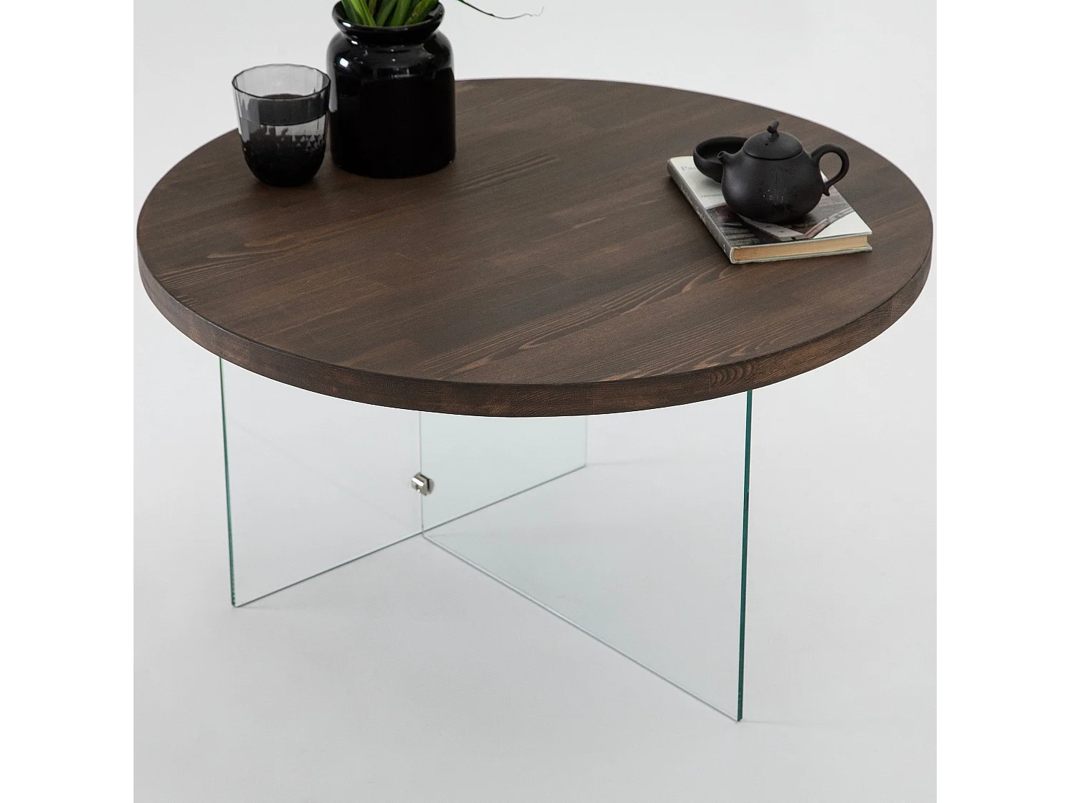 Table basse ronde Saky D70cm Bois foncé et Verre fumée Gris foncé