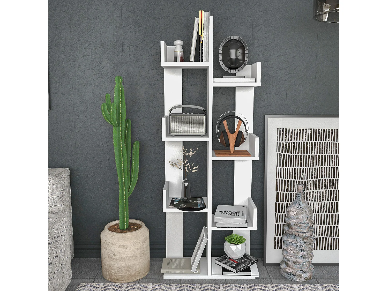 Estante branca moderna, 137 cm de altura, 50 cm de largura, 22 cm de profundidade | Painel de partículas 100% revestido de melamina, 18 mm d