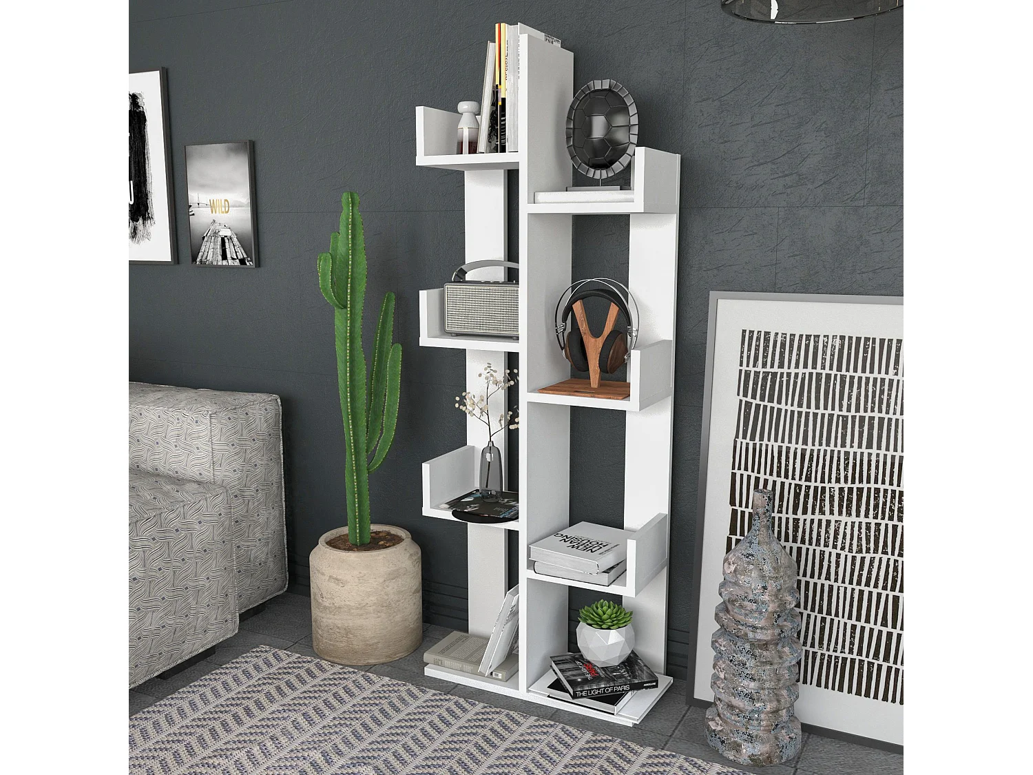 Estante branca moderna, 137 cm de altura, 50 cm de largura, 22 cm de profundidade | Painel de partículas 100% revestido de melamina, 18 mm d