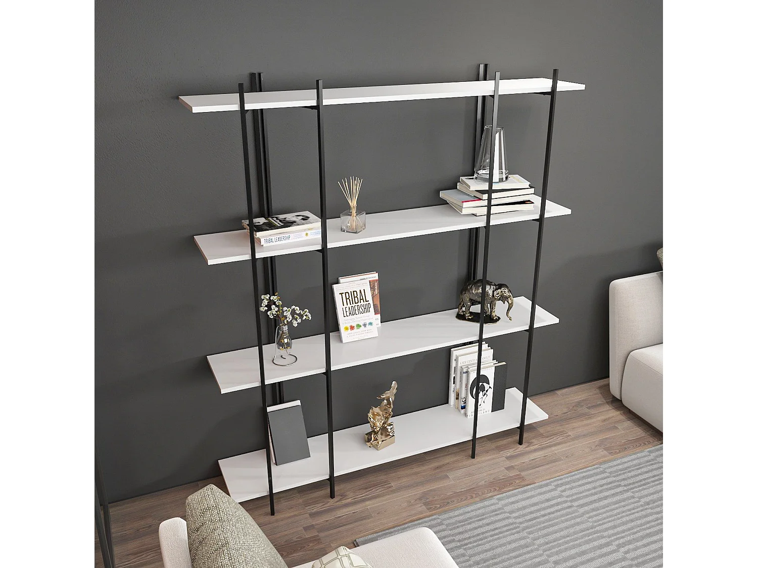 Estante estilosa, 160 cm x 180 cm x 29,6 cm, branca e preta | Painel de partículas 100% revestido de melamina, 18 mm de espessura | Perfeita