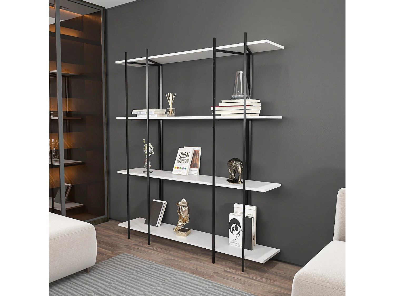 Estante estilosa, 160 cm x 180 cm x 29,6 cm, branca e preta | Painel de partículas 100% revestido de melamina, 18 mm de espessura | Perfeita