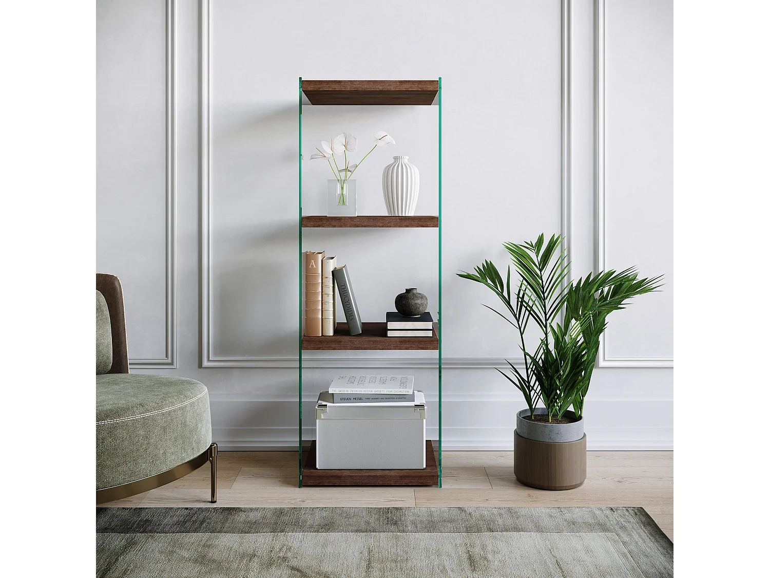 Table d'appoint Translucens L40xH120cm Pin massif foncé et Verre Transparent