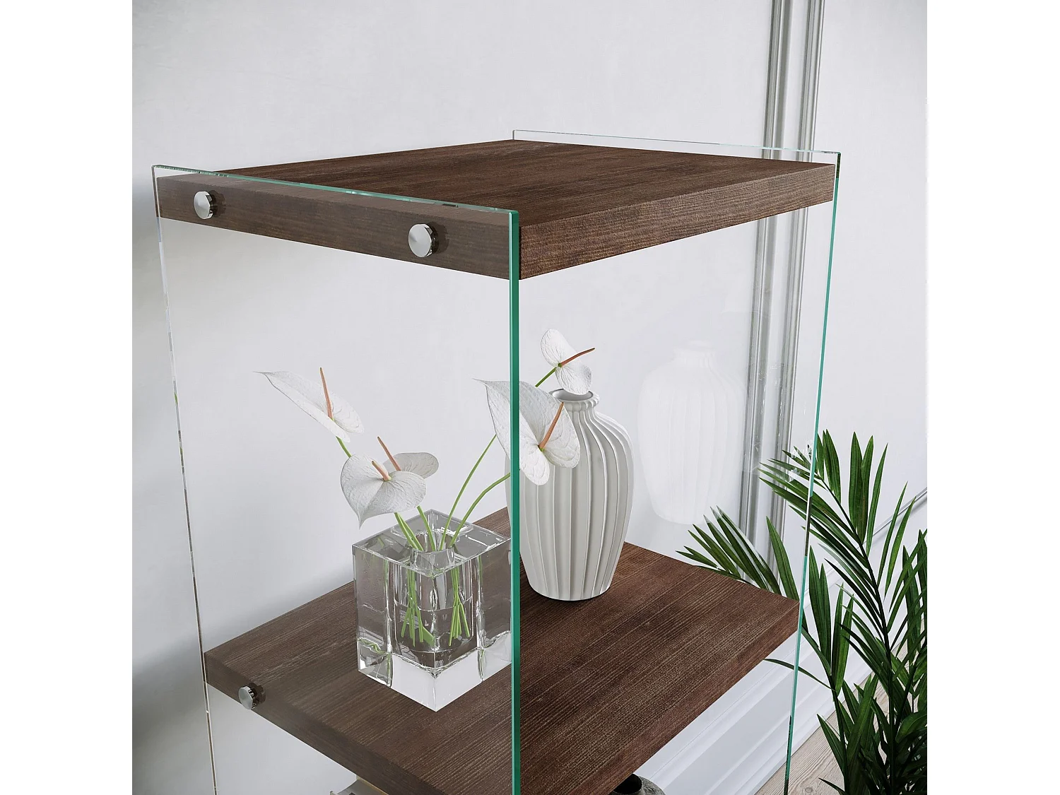 Table d'appoint Translucens L40xH120cm Pin massif foncé et Verre Transparent